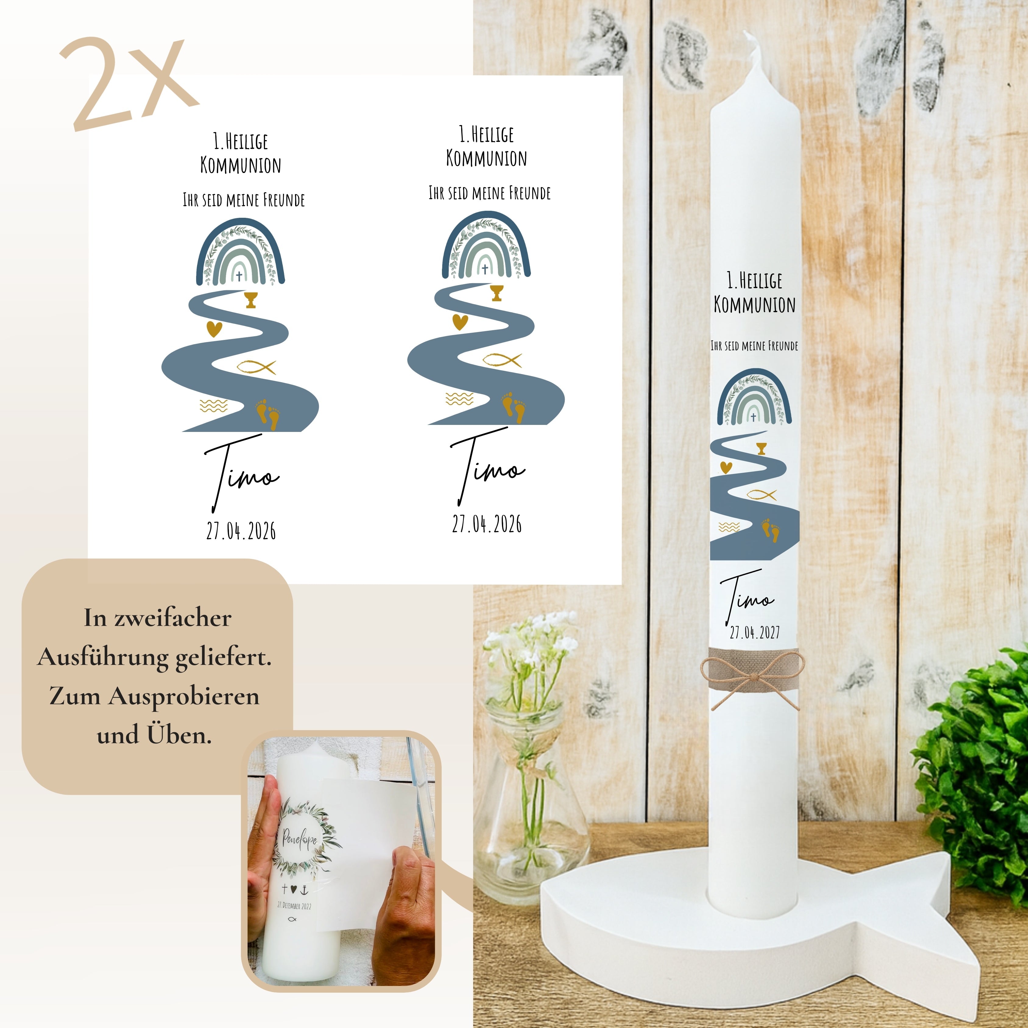 Kerzenfolie Kommunionkerze "Timo " Eukalyptus Regenbogen - personalisiert