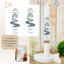 Lade das Bild in den Galerie-Viewer, Kerzenfolie Kommunionkerze "Timo " Eukalyptus Regenbogen - personalisiert
