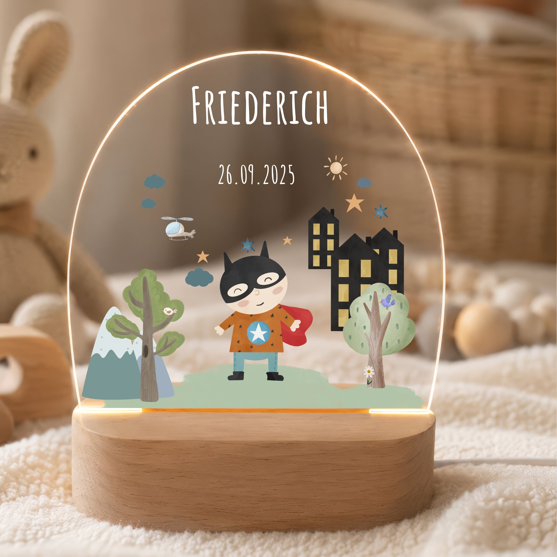 LED-Nachtlicht für Kinder mit Motiv Superheld, personalisiert