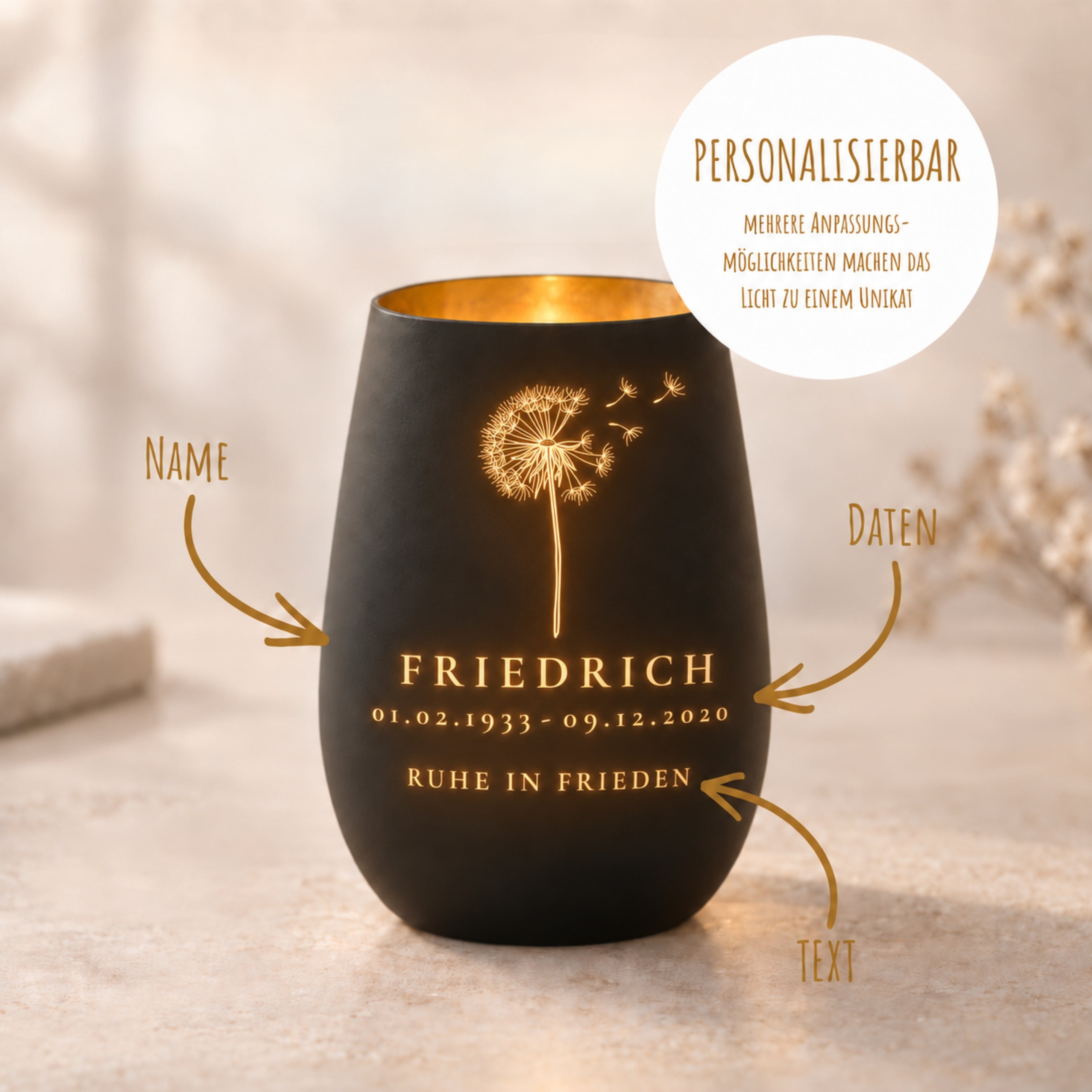 Trauerlicht aus Glas mit Gravur Pusteblume – Ansicht 4