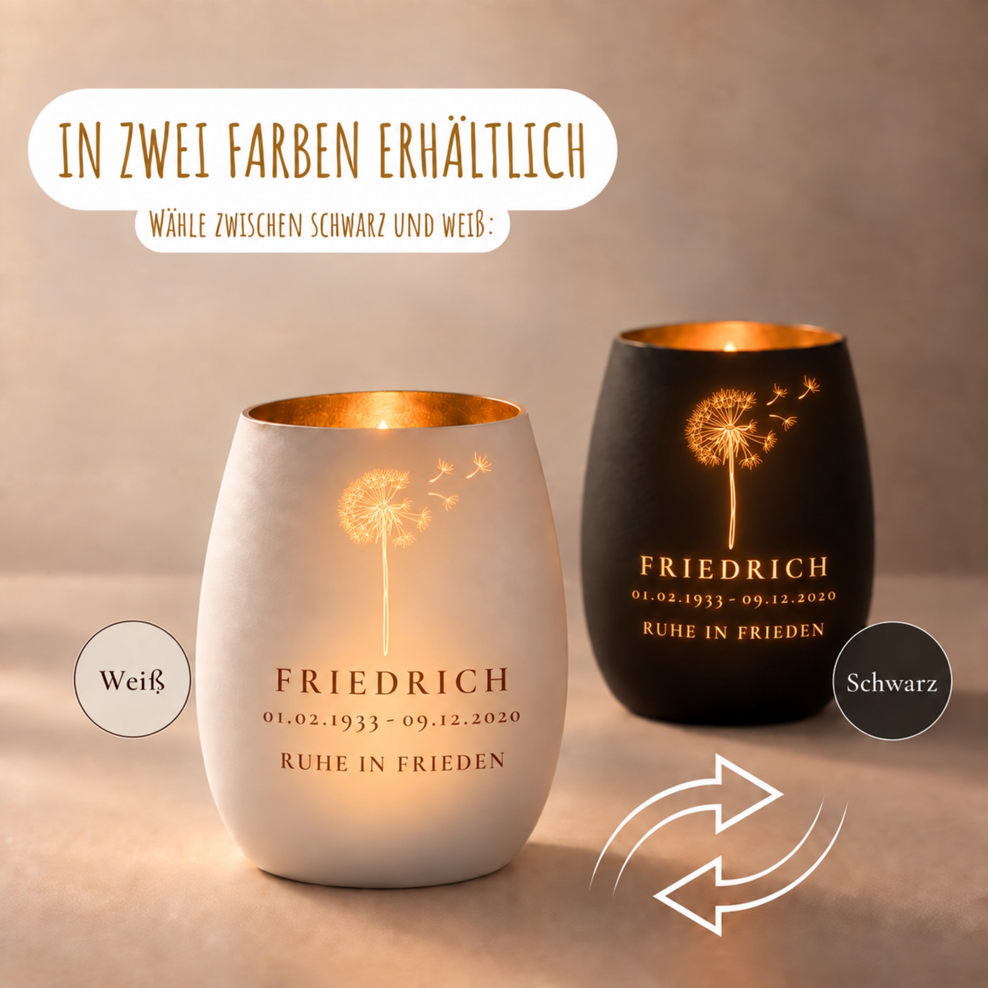 Trauerlicht aus Glas mit Gravur Pusteblume – Ansicht 5