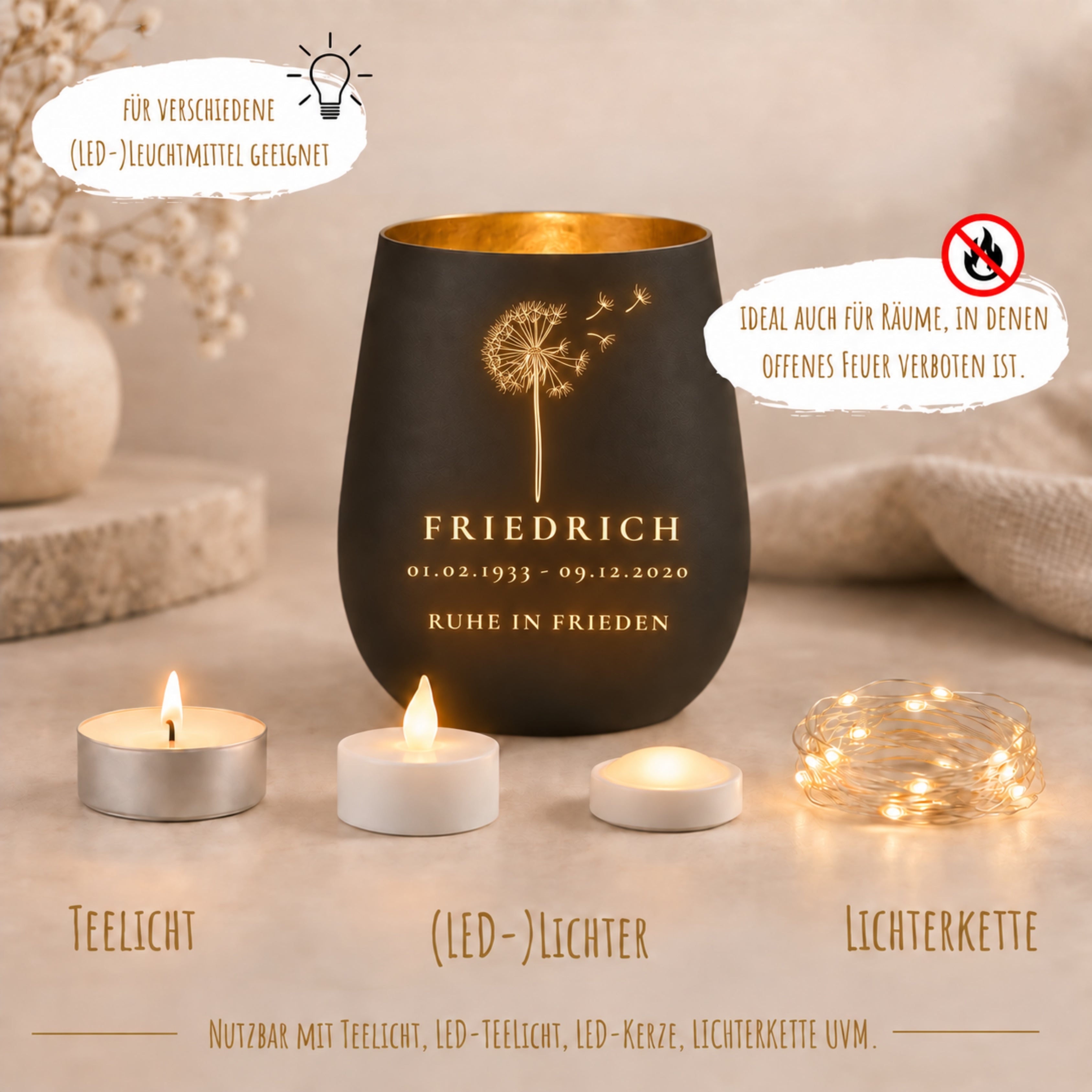 Trauerlicht aus Glas mit Gravur Pusteblume – Ansicht 6
