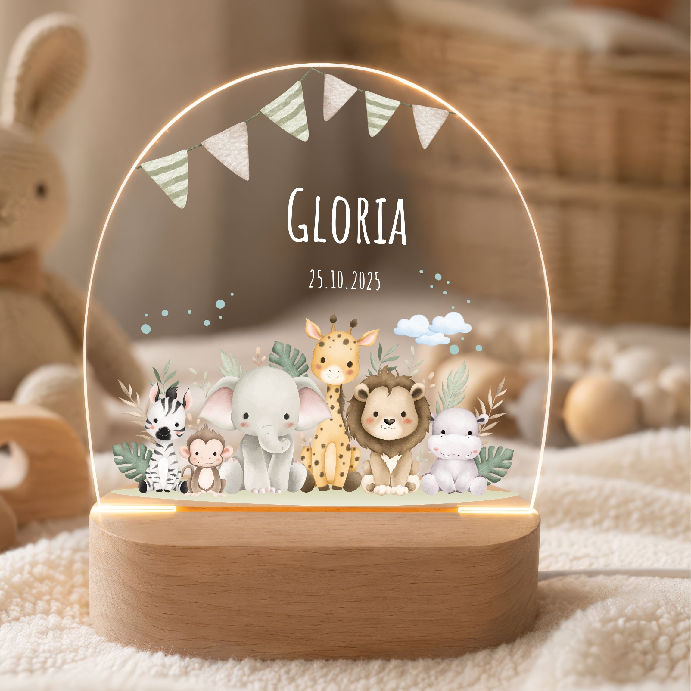 LED-Nachtlicht für Kinder mit Motiv Safari, personalisiert
