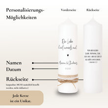 Charger l&#39;image dans la galerie, Hochzeitskerze &quot;Bonnie&quot; mit Spruch &quot;Die Liebe hört niemals auf&quot; - personalisiert
