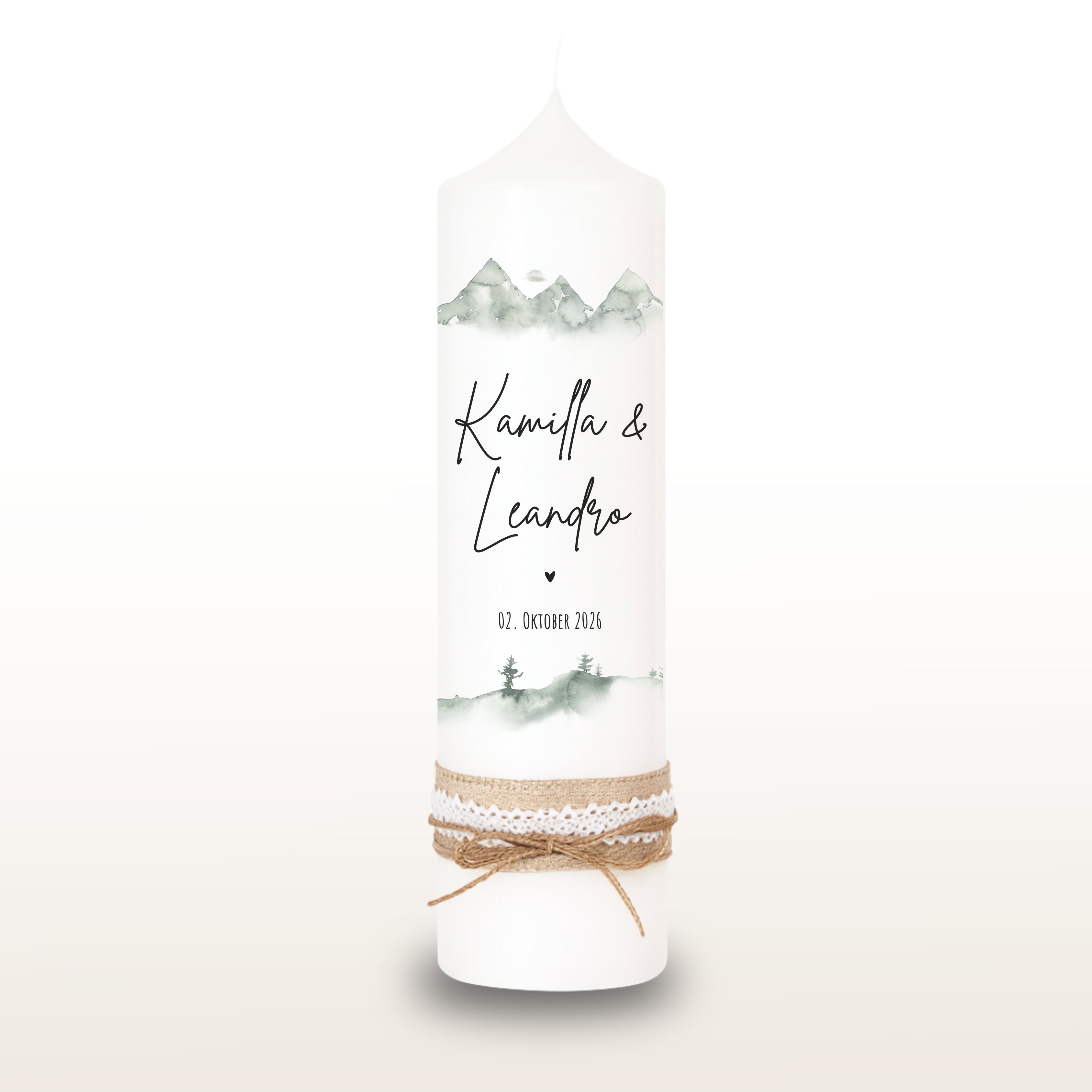 Hochzeitskerze Berge Tannen Grün, personalisiert