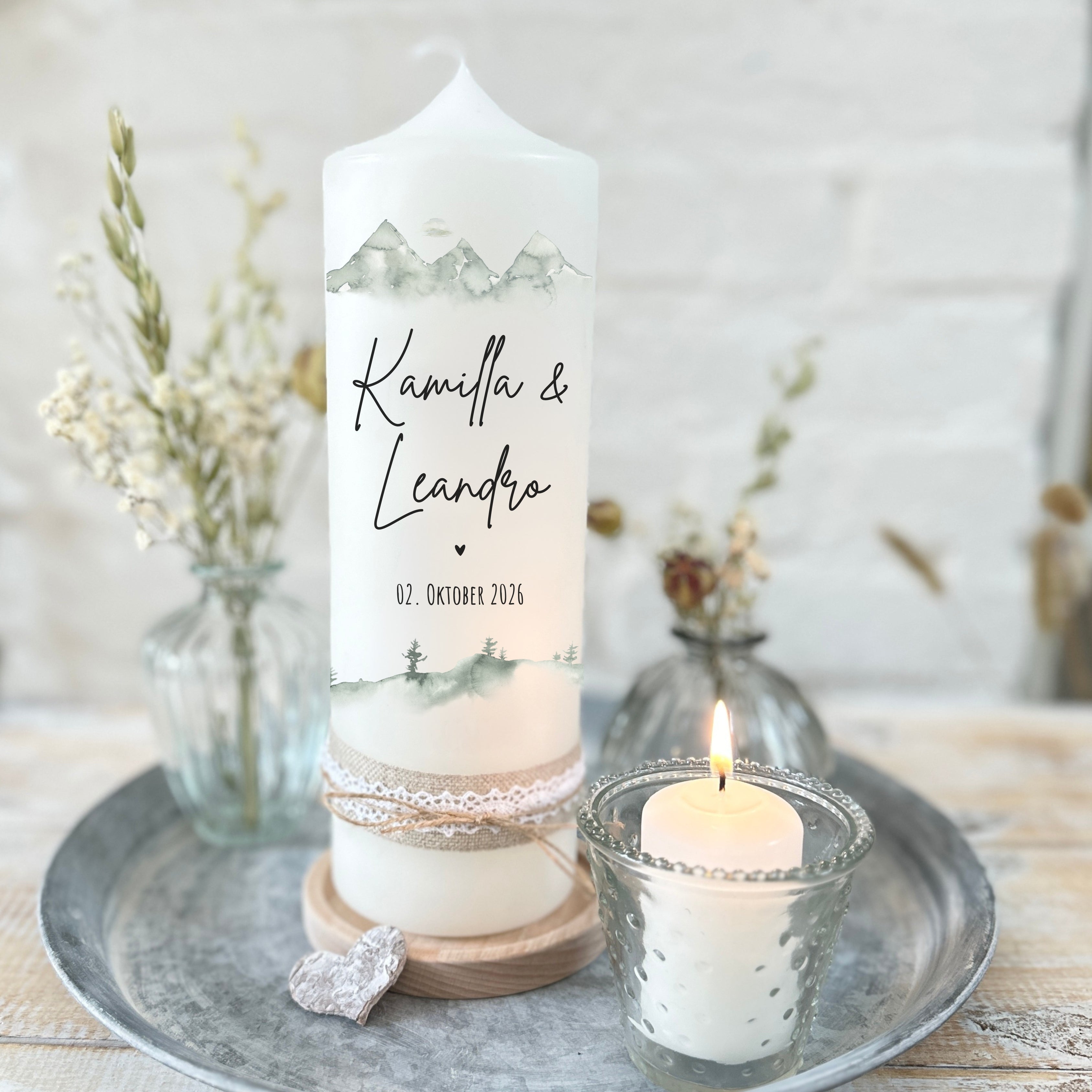 Hochzeitskerze Berge Tannen Grün – Ansicht 3