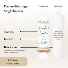 Charger l&#39;image dans la galerie, Hochzeitskerze &quot;Camie&quot; Berge Tannen - personalisiert
