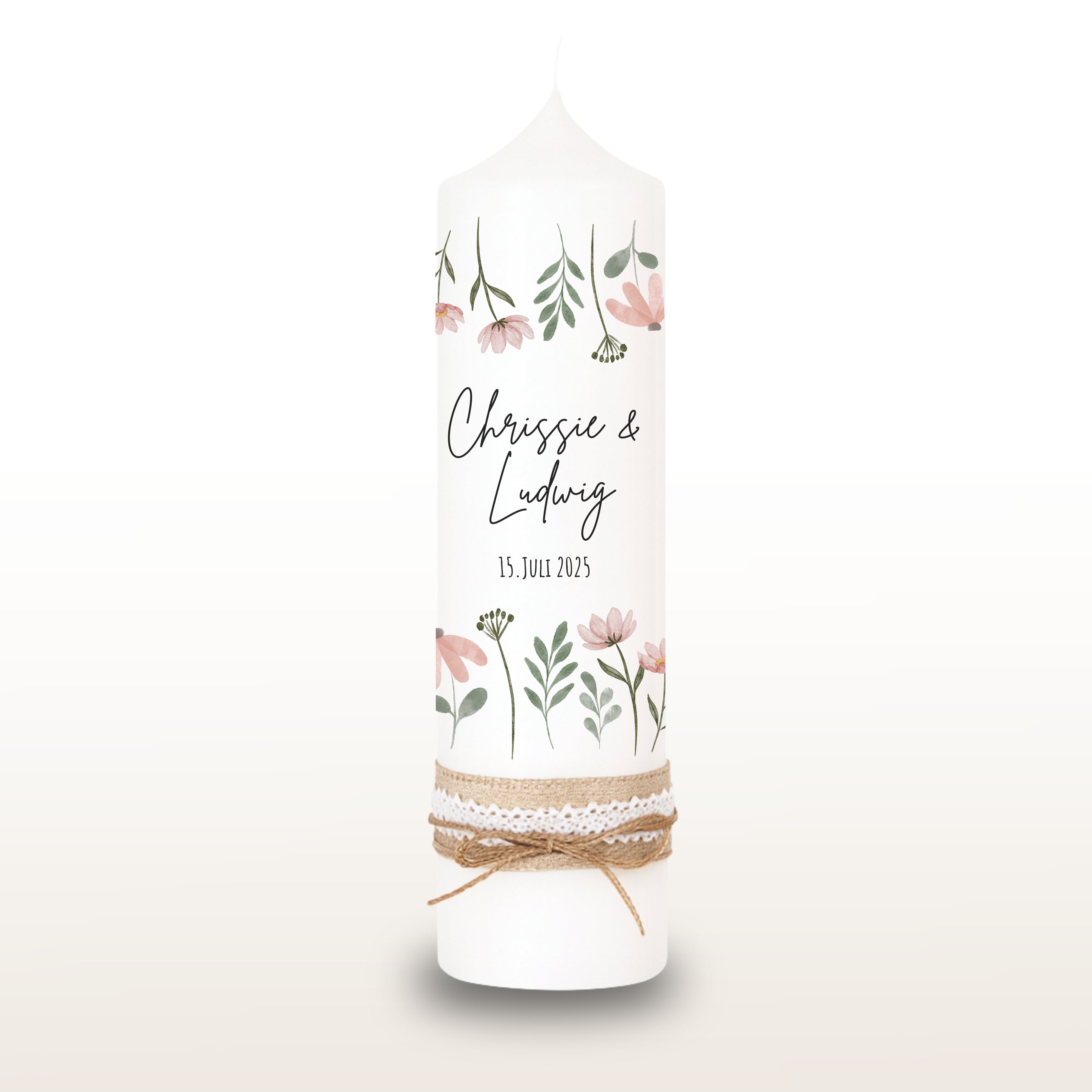 Hochzeitskerze Blumenwiese rosa, personalisiert
