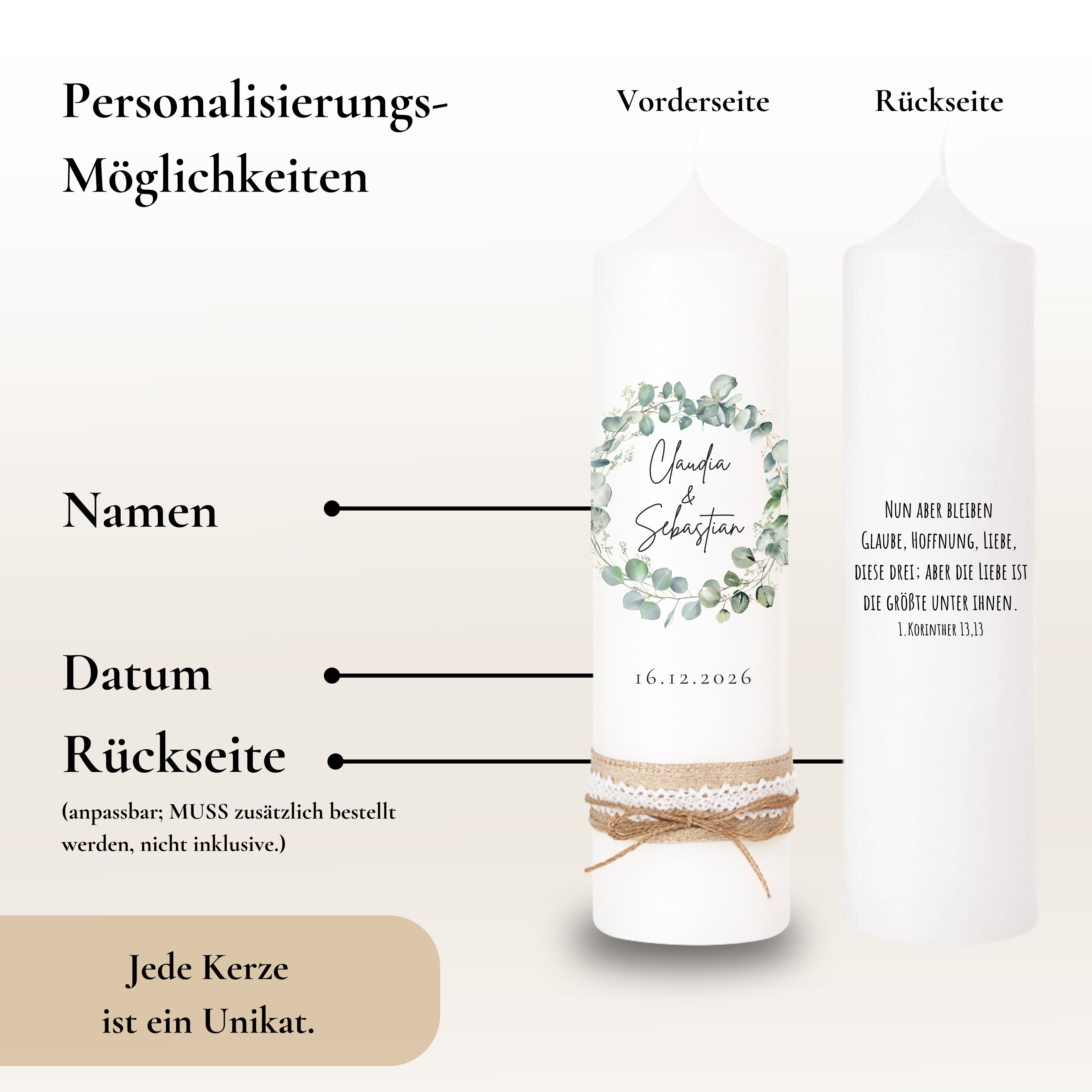 Hochzeitskerze Eukalyptuskranz grün – Ansicht 4
