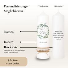 Lade das Bild in den Galerie-Viewer, Hochzeitskerze "Claudia" Eukalyptuskranz - personalisiert
