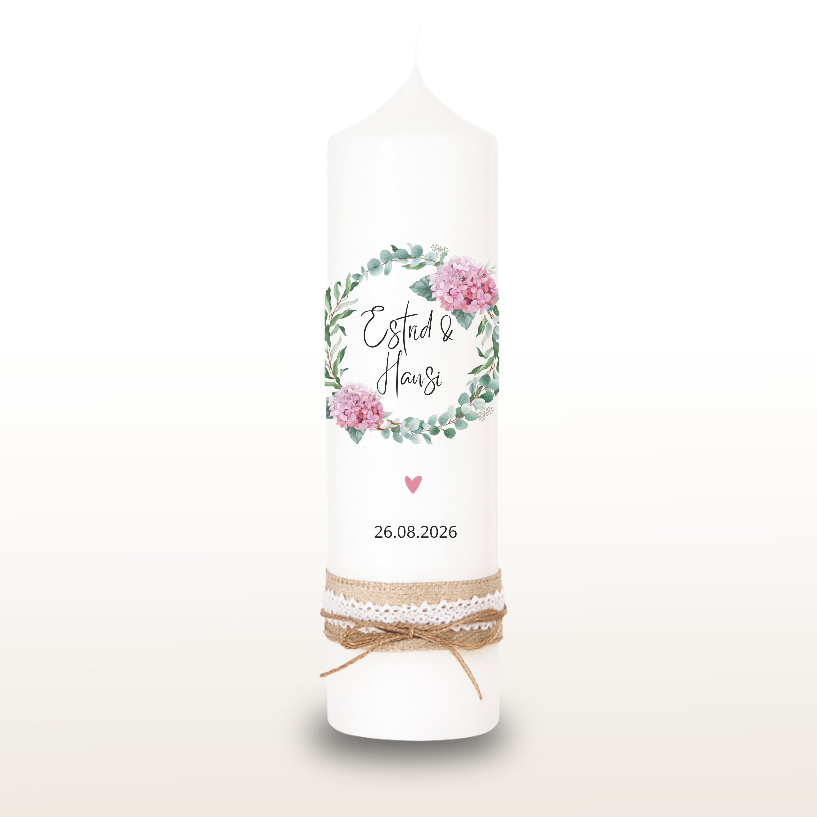 Hochzeitskerze Hortensien Eukalyptus rosa, personalisiert