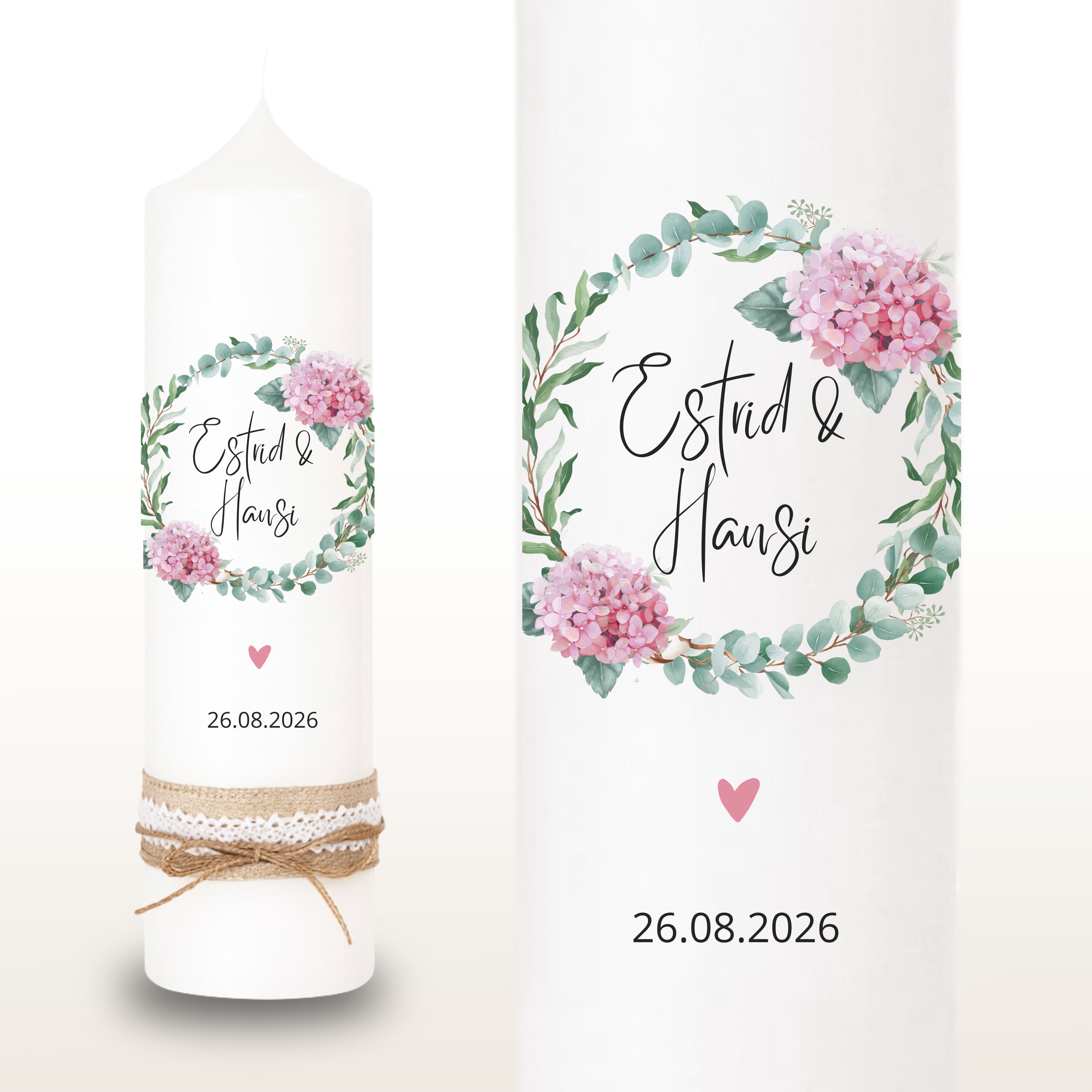 Hochzeitskerze Hortensien Eukalyptus rosa – Ansicht 2