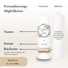 Charger l&#39;image dans la galerie, Hochzeitskerze &quot;Estrid&quot; Hortensien Eukalyptus rosa - personalisiert

