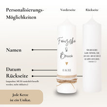 Lade das Bild in den Galerie-Viewer, Hochzeitskerze "Franziska" Herz gold mit Jute Spitze rustikaler Kordel - personalisiert
