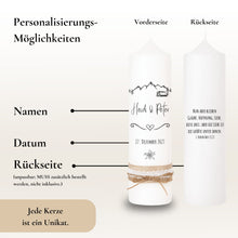 Lade das Bild in den Galerie-Viewer, Hochzeitskerze "Heidi" Berghochzeit Berge schwarz - personalisiert
