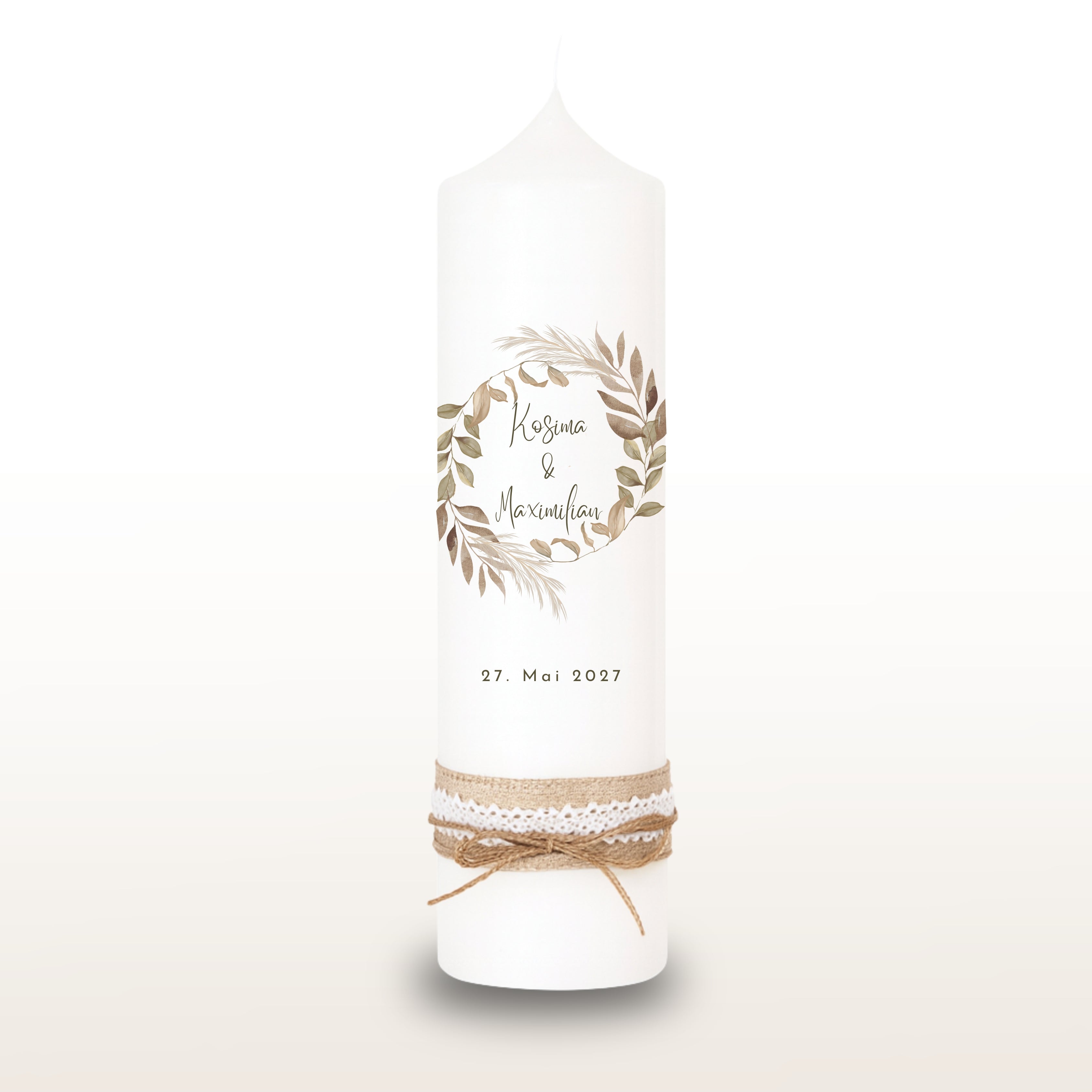 Hochzeitskerze Boho Blätter Federn braun, personalisiert
