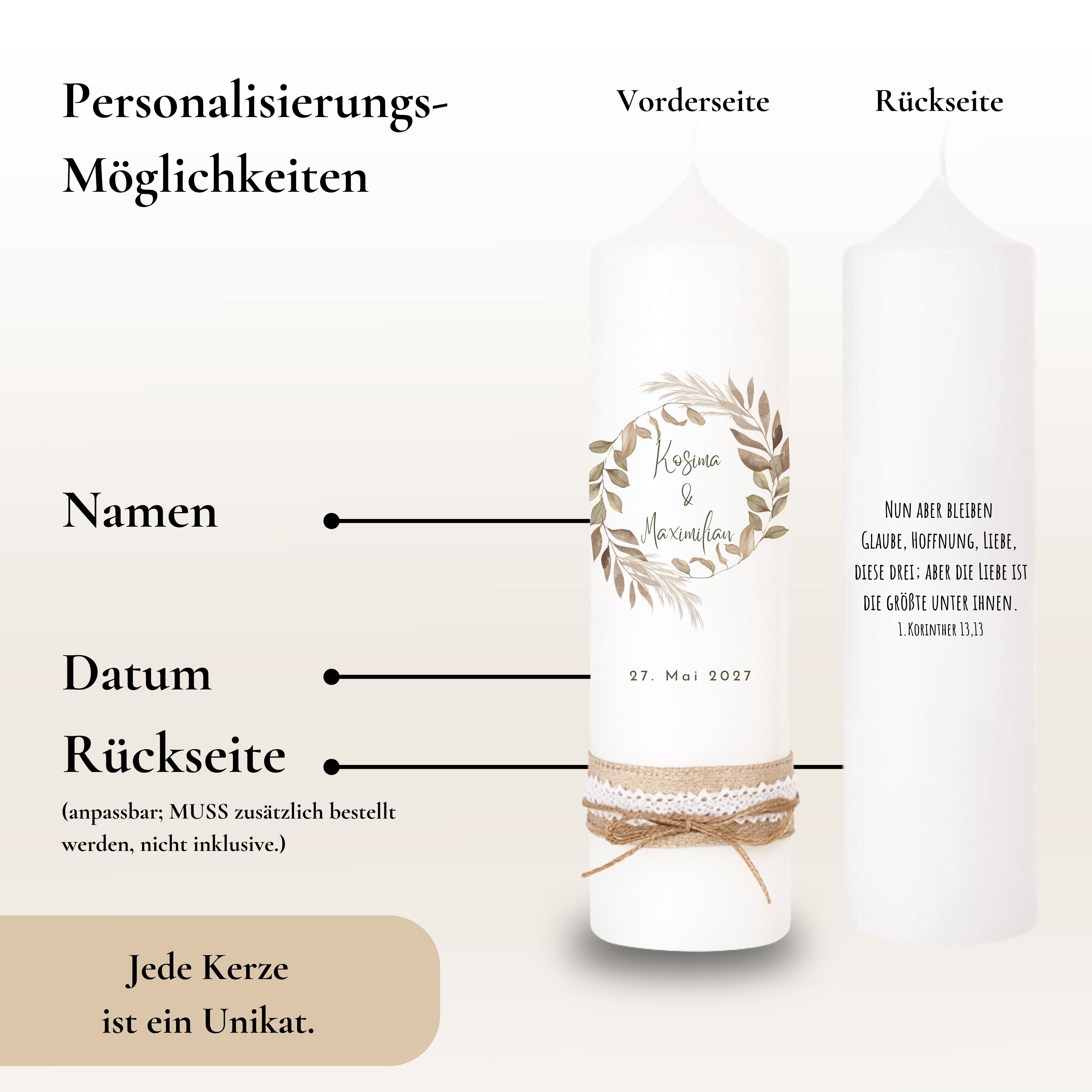 Hochzeitskerze Boho Blätter Federn braun – Ansicht 4