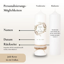 Lade das Bild in den Galerie-Viewer, Hochzeitskerze "Kosima" Boho Blätter Federn - personalisiert
