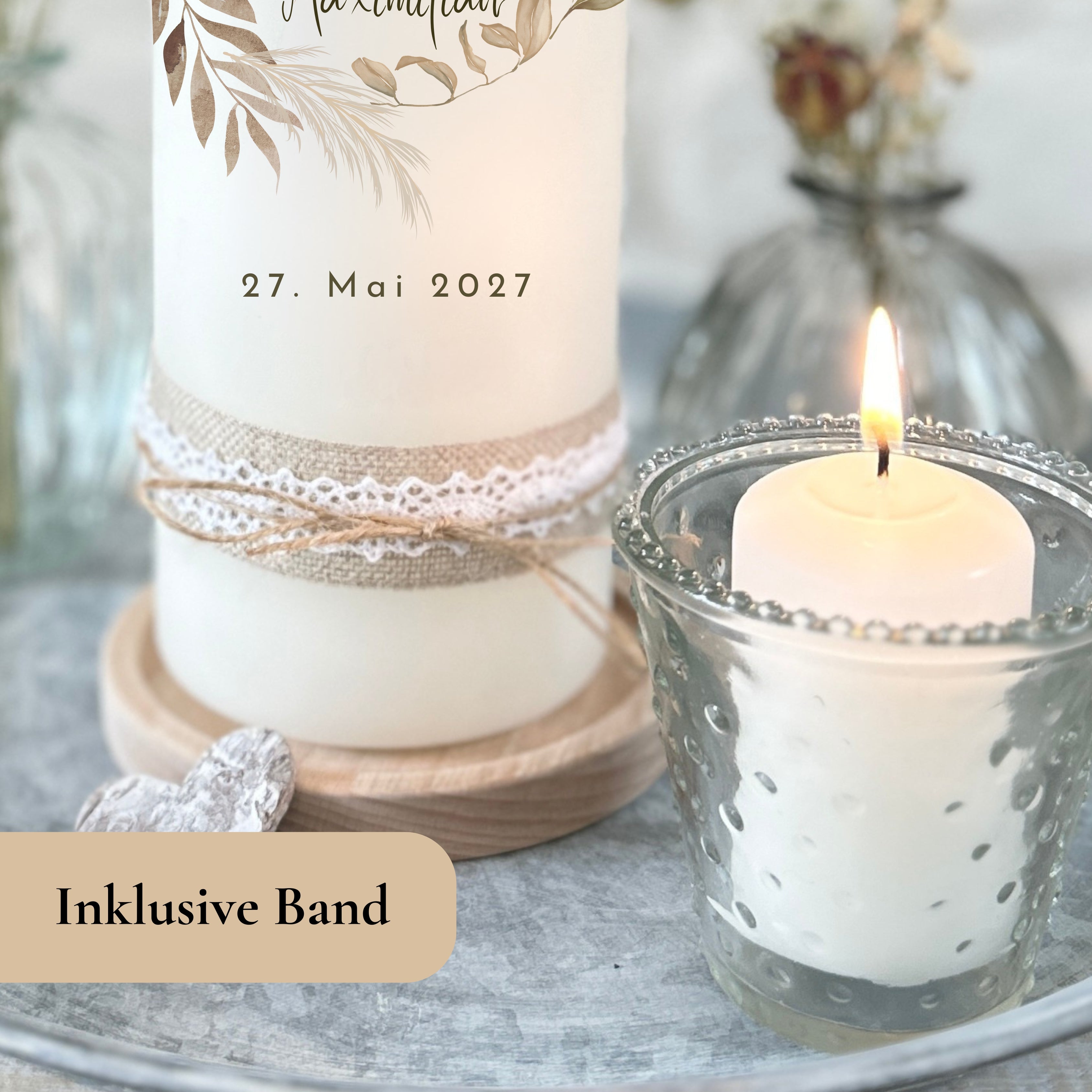 Hochzeitskerze Boho Blätter Federn braun – Ansicht 5