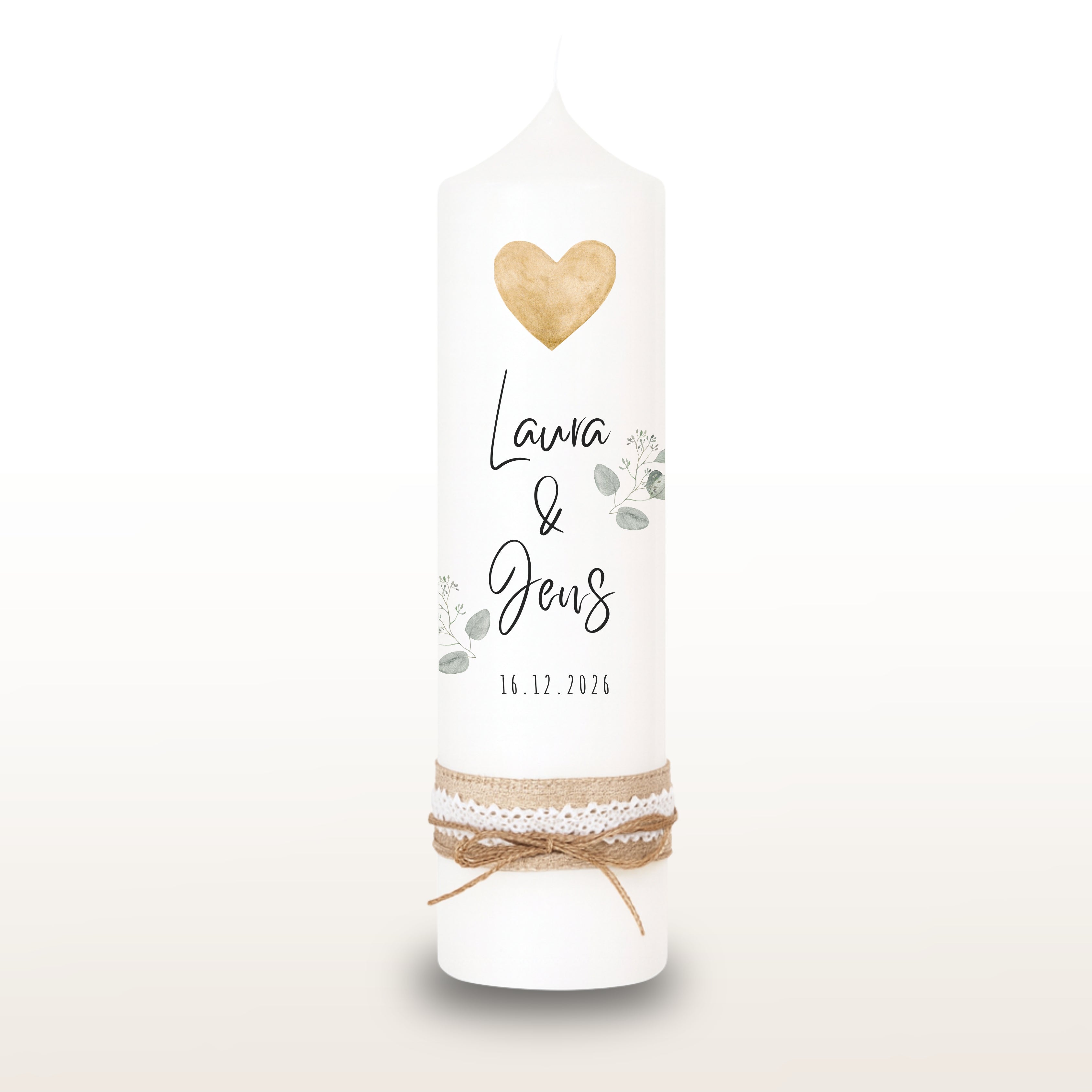 Hochzeitskerze Herz Bätterzweig Gold, personalisiert