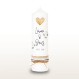 Hochzeitskerze Herz Bätterzweig Gold, personalisiert