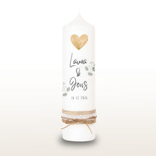 Load image into Gallery viewer, Hochzeitskerze Herz Bätterzweig Gold, personalisiert
