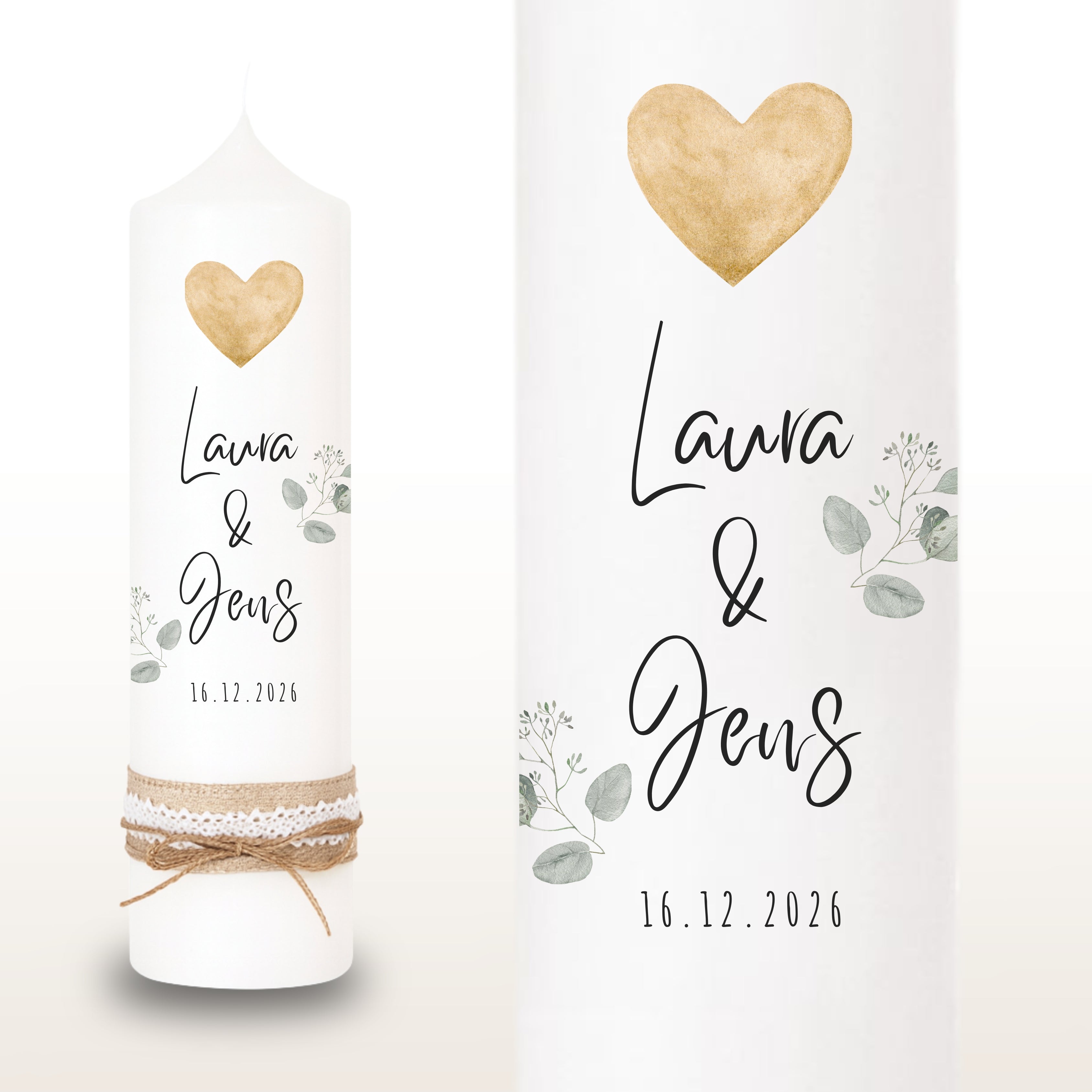 Hochzeitskerze Herz Bätterzweig Gold – Ansicht 2