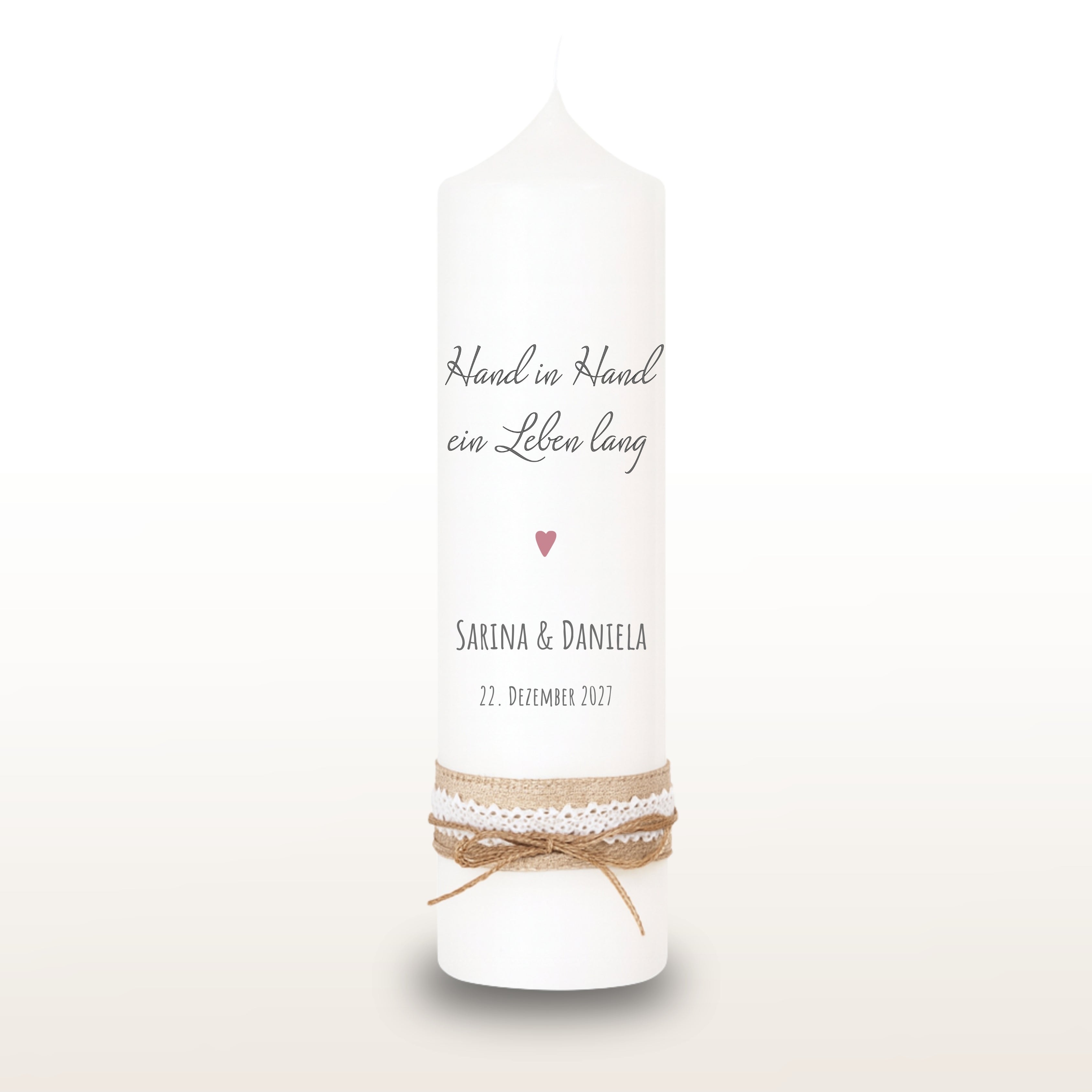 Hochzeitskerze Spruch Herz Rosa, personalisiert
