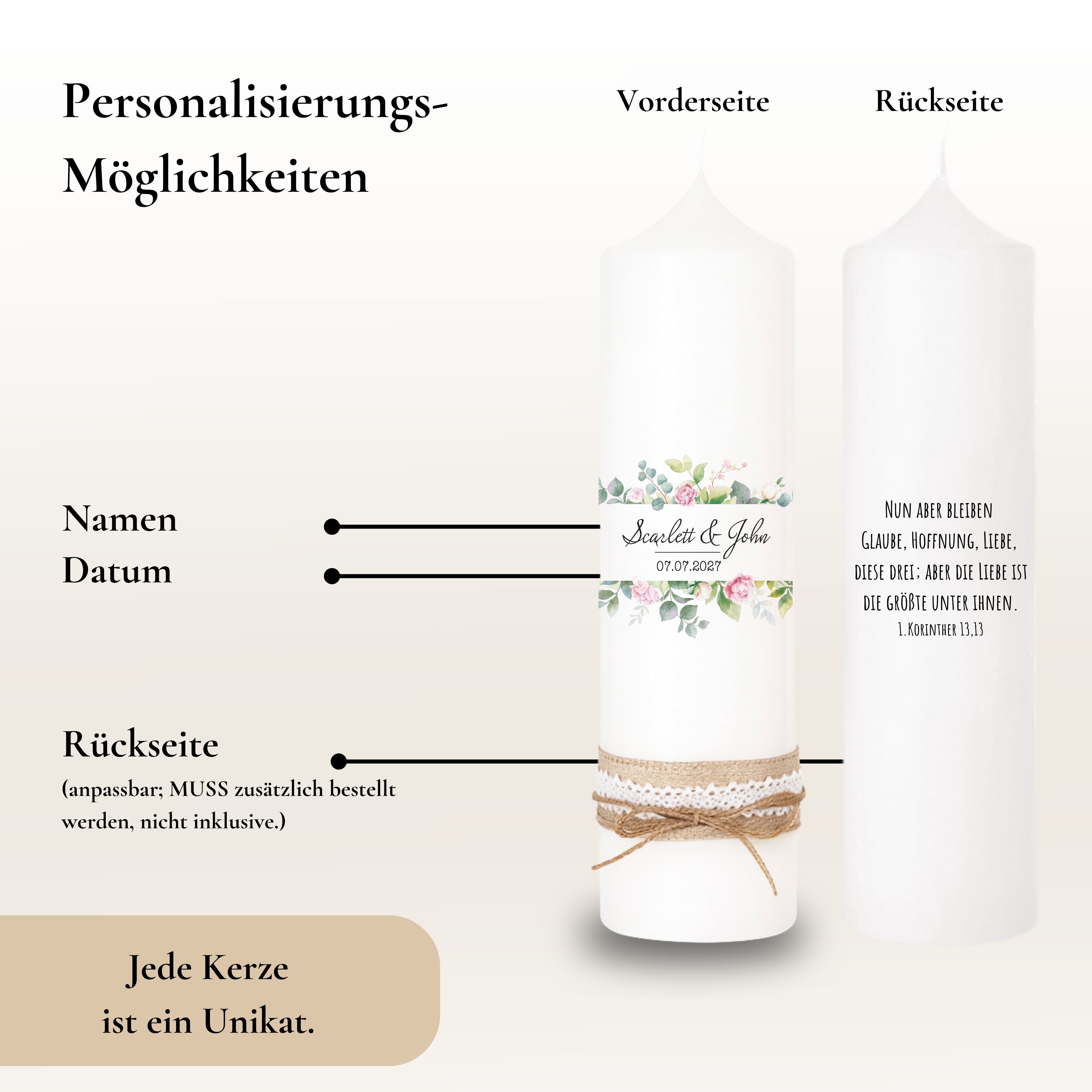 Hochzeitskerze Blumenrahmen Pfingstrose bunt – Ansicht 4