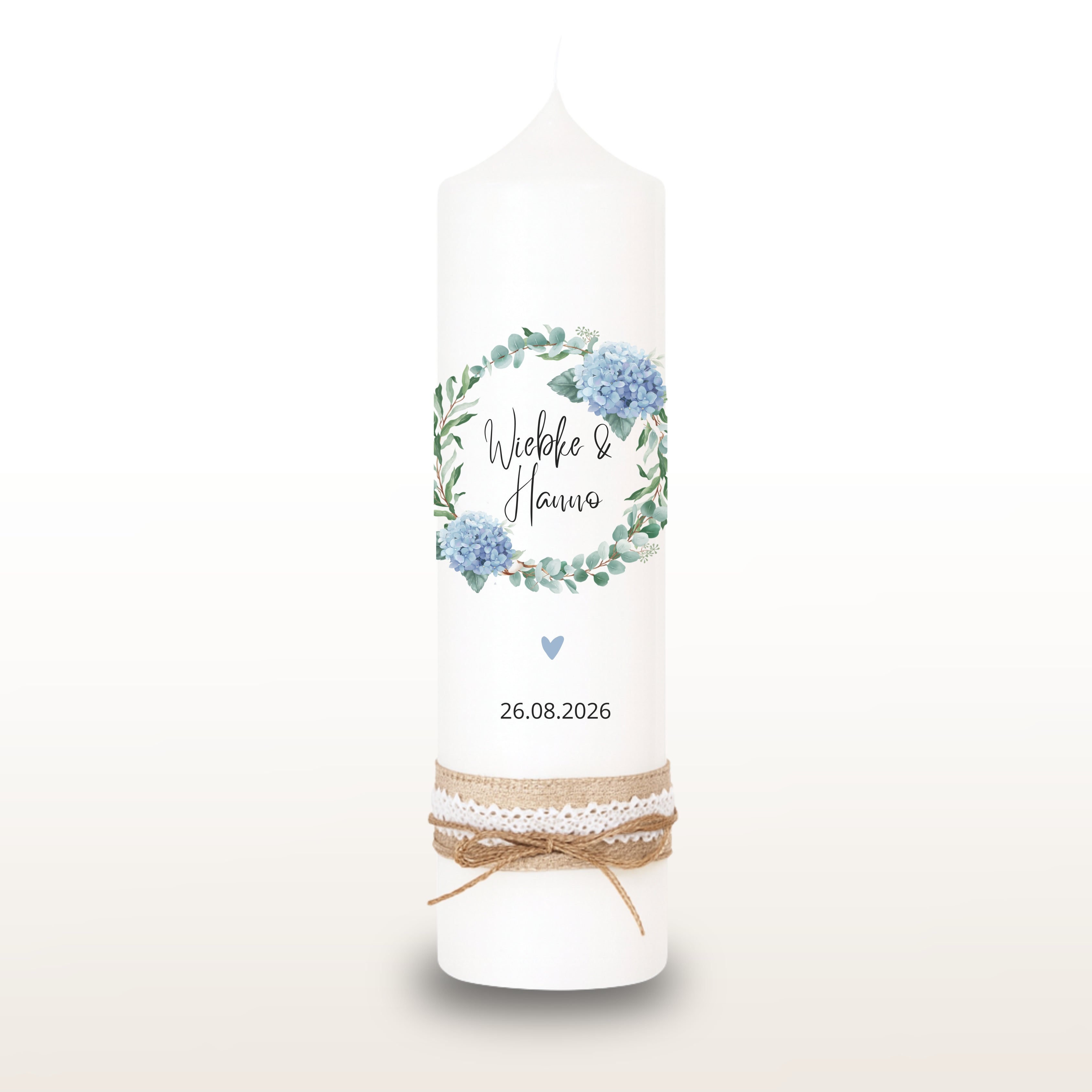 Hochzeitskerze Hortensien Eukalyptus blau, personalisiert