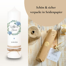 Charger l&#39;image dans la galerie, Hochzeitskerze &quot;Wiebke&quot; Hortensien Eukalyptus rosa - personalisiert

