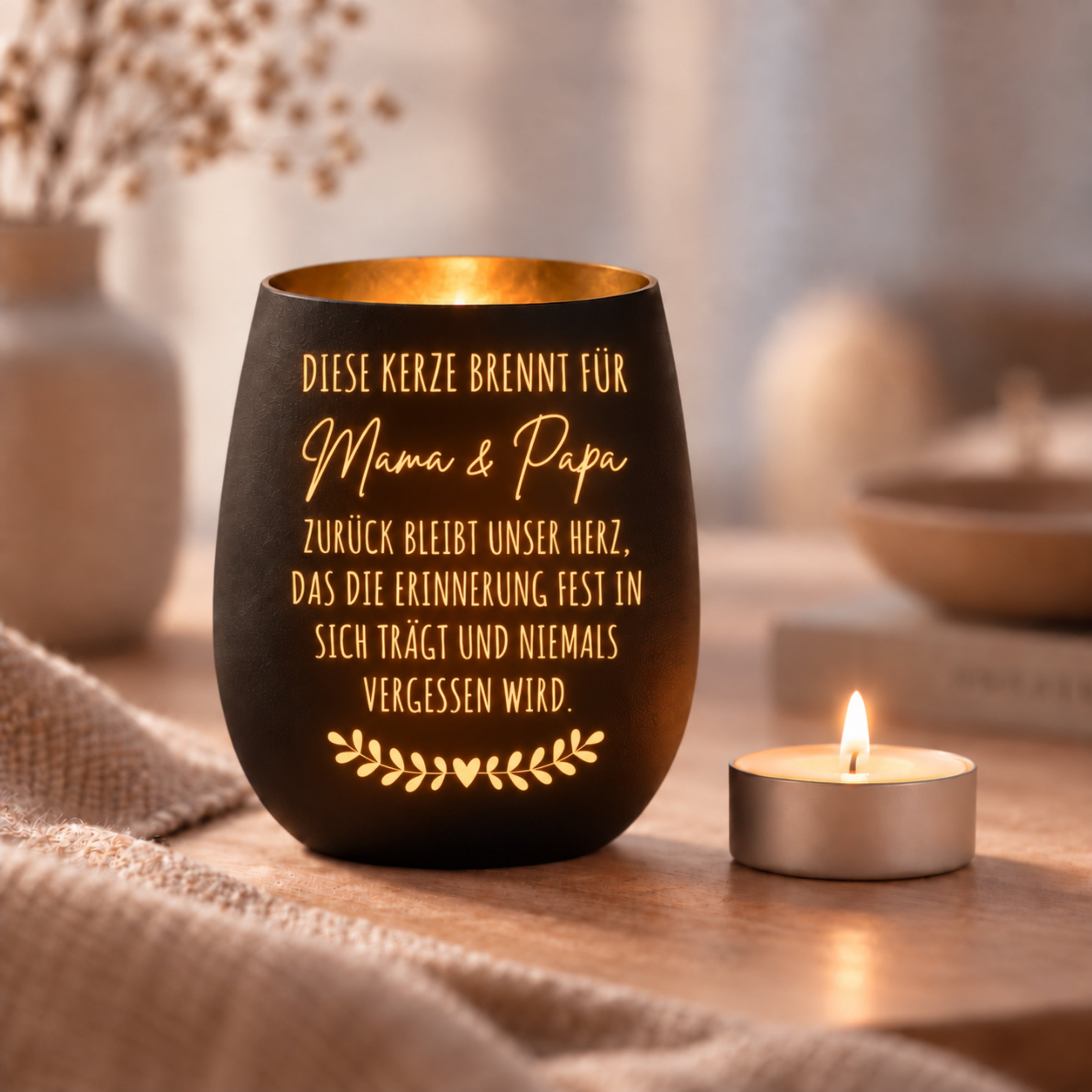 Trauerlicht aus Glas mit Gravur Herz mit Zweig – Ansicht 2