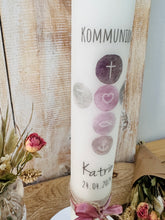 Load image into Gallery viewer, Kommunionkerze &quot;Katrin&quot; christliche Symbole - personalisiert
