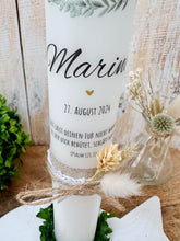 Charger l&#39;image dans la galerie, Kommunionkerze &quot;Marina&quot; Eukalyptusfisch Spruch - personalisiert
