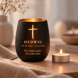 Trauerlicht aus Glas mit Gravur Kreuz – Ansicht 2