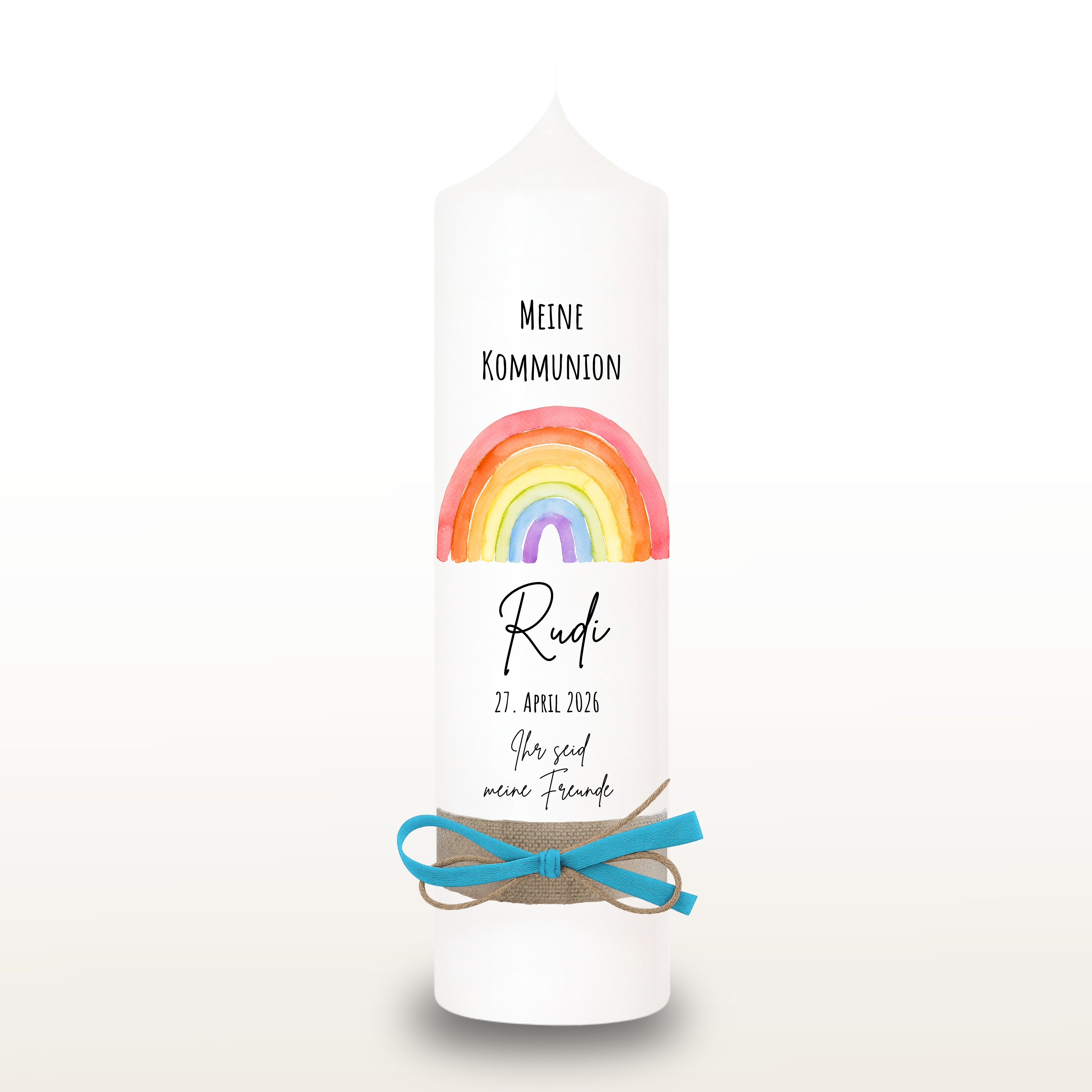 Kommunionkerze Regenbogen grau für Jungen – personalisiert
