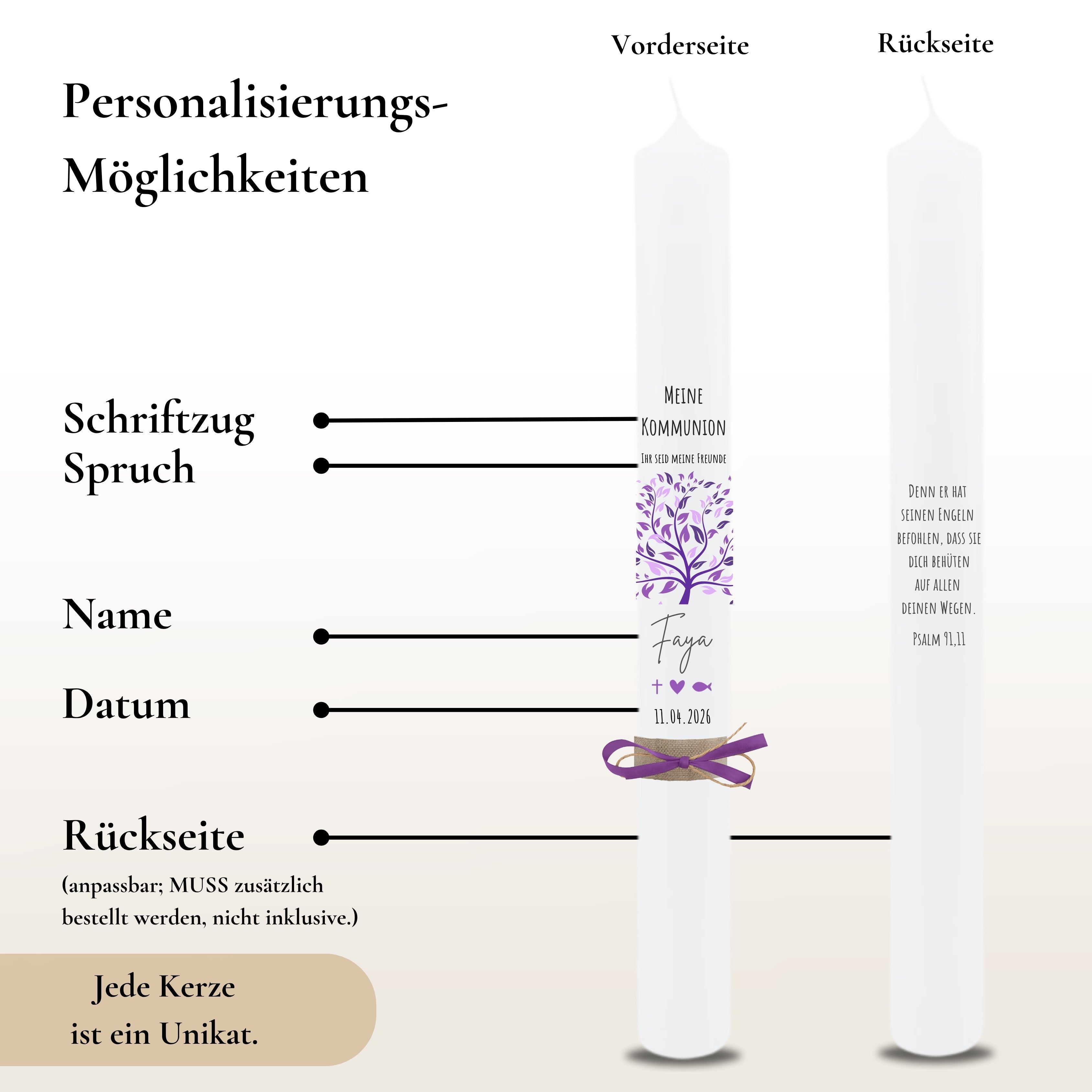 Kommunionkerze Lebensbaum Symbole rosa – Ansicht 3