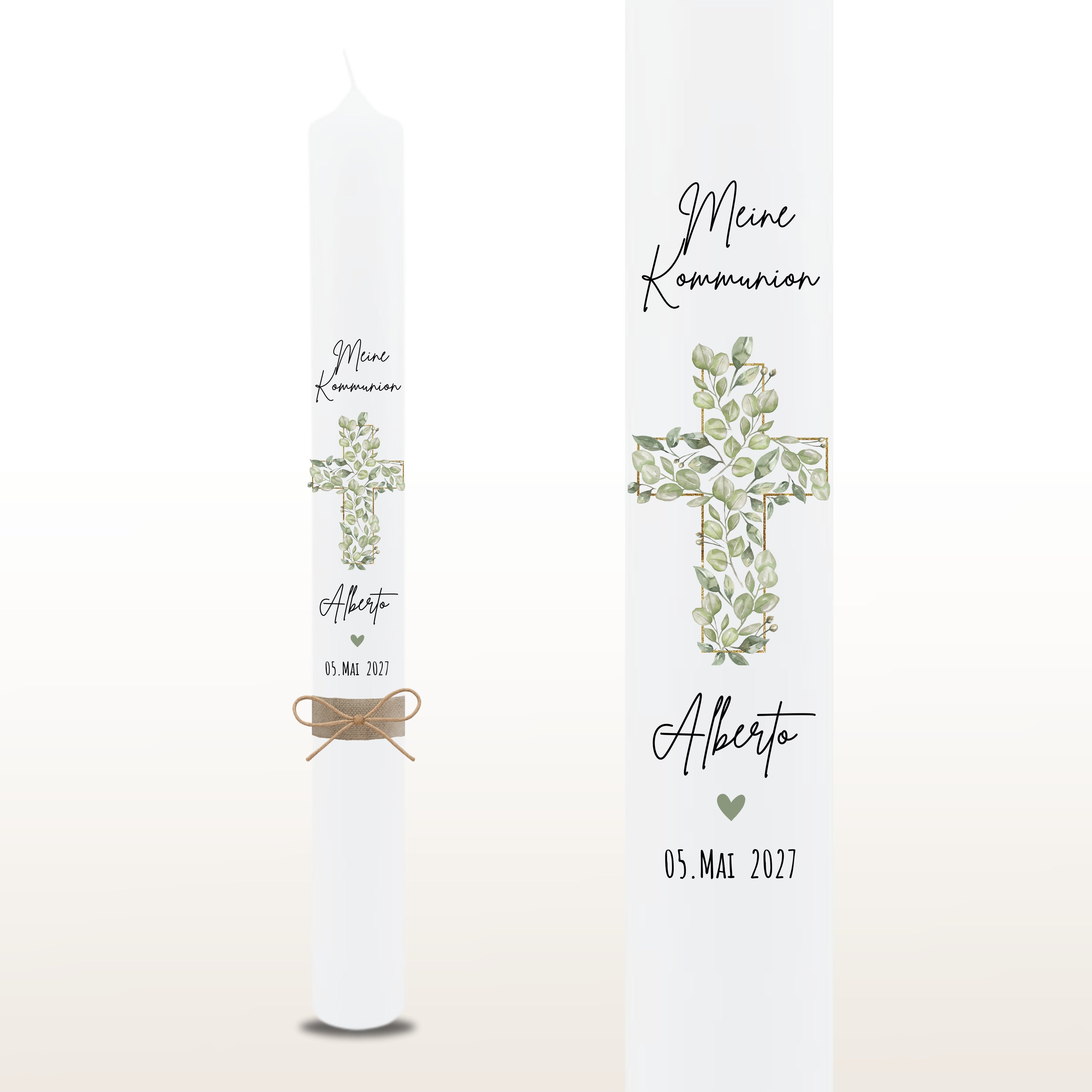 Kommunionkerze Blätterkreuz grün, personalisiert