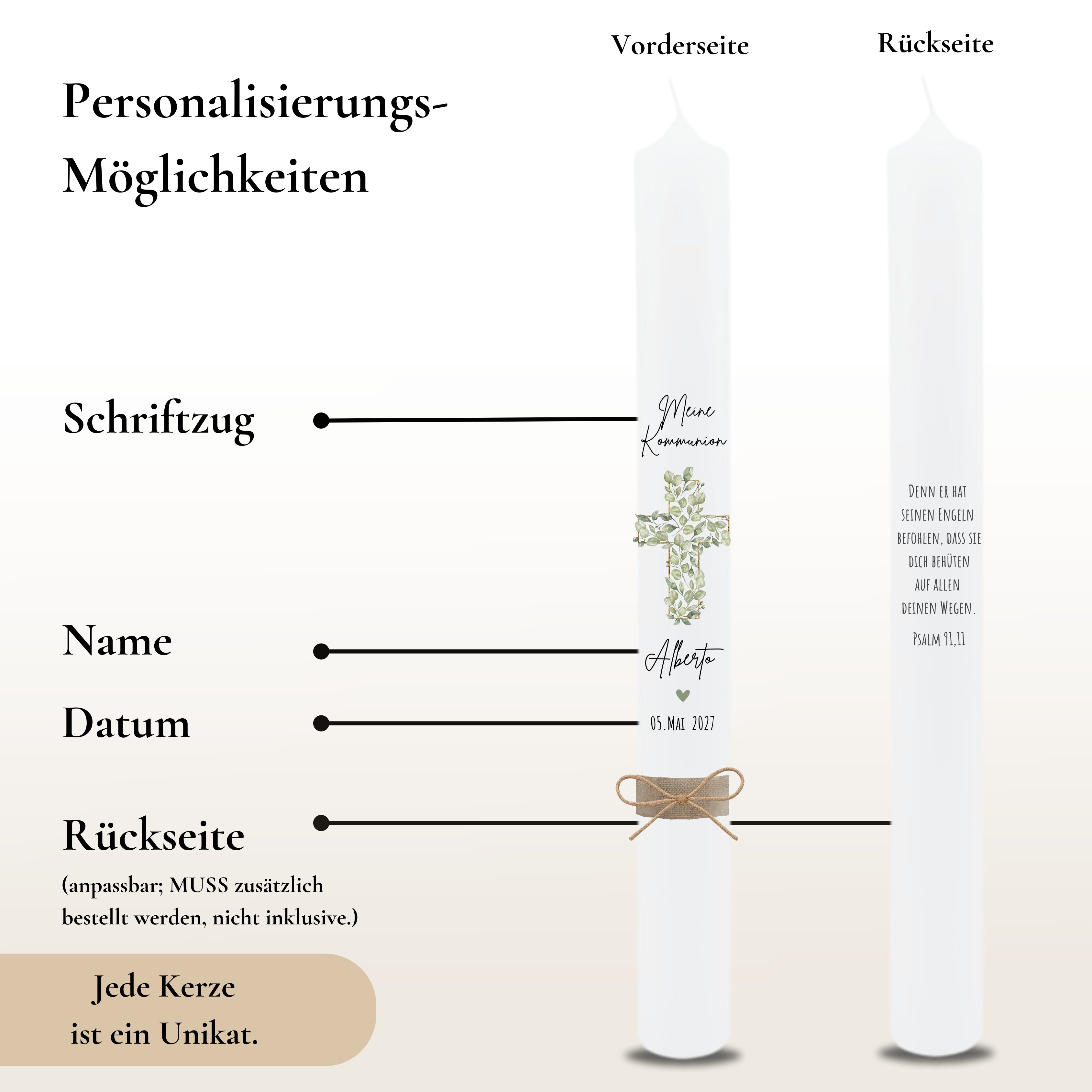 Kommunionkerze Blätterkreuz grün – Ansicht 3
