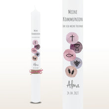 Charger l'image dans la galerie, Kommunionkerze Symbole rosa, personalisiert
