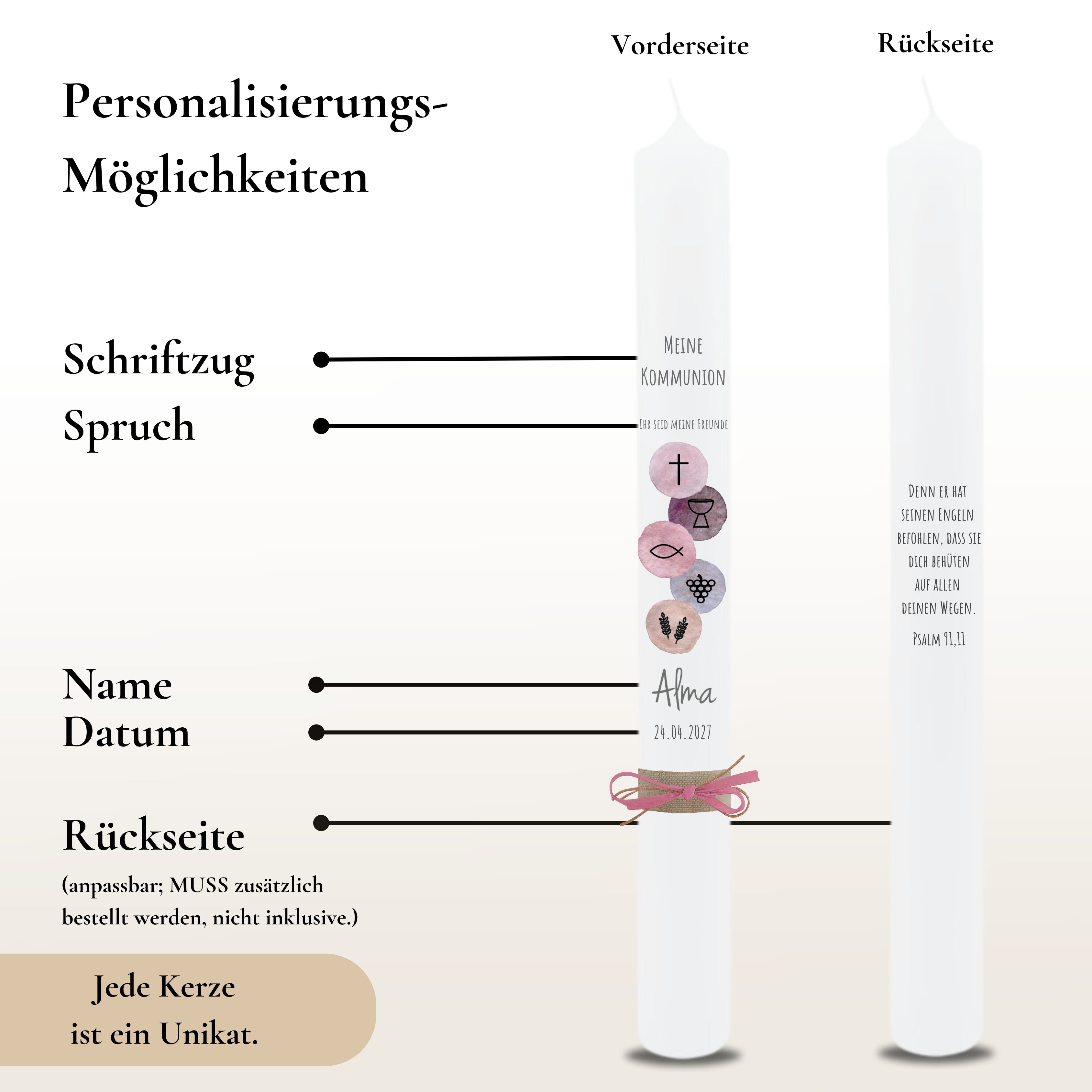 Kommunionkerze Symbole rosa – Ansicht 3