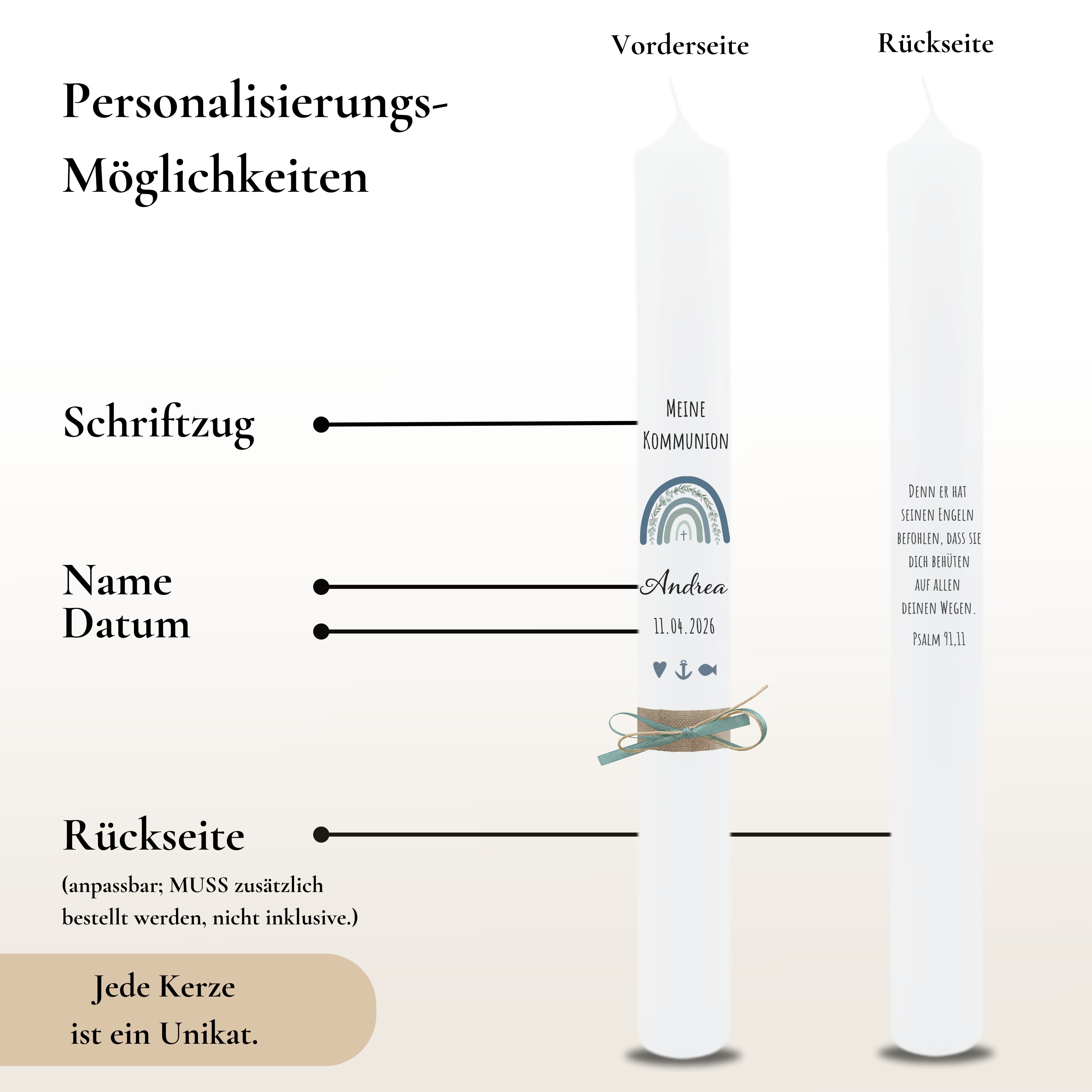 Kommunionkerze Eukalyptus Regenbogen dunkelblau – Ansicht 3