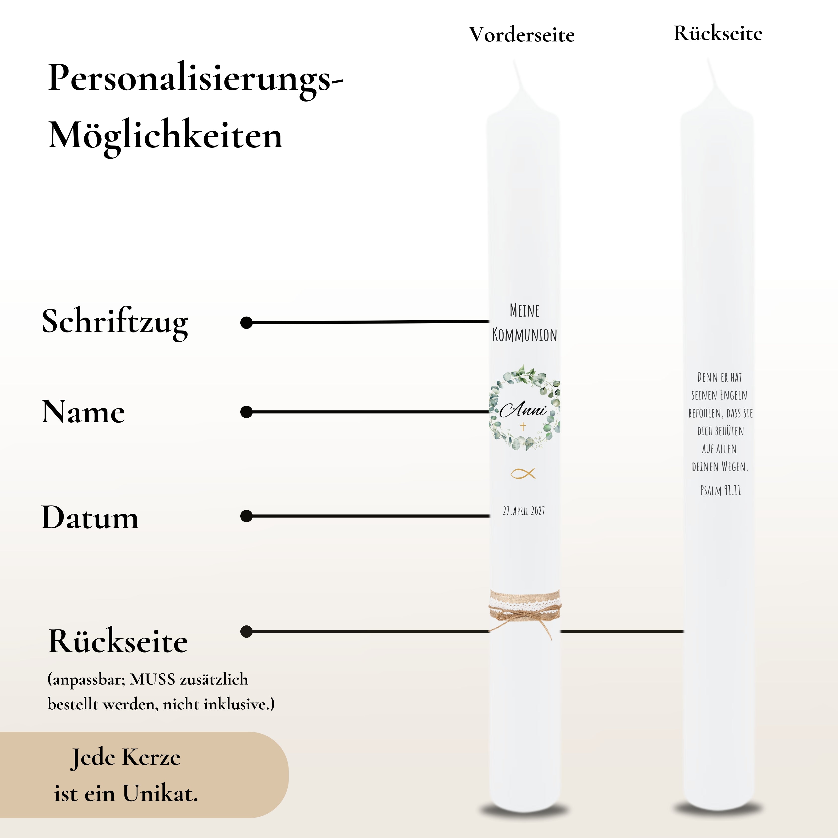 Kommunionkerze Eukalyptuskranz khaki – Ansicht 3