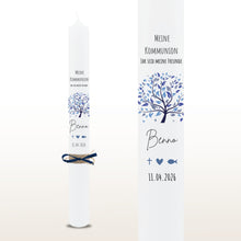 Charger l'image dans la galerie, Kommunionkerze Lebensbaum Symbole blau, personalisiert
