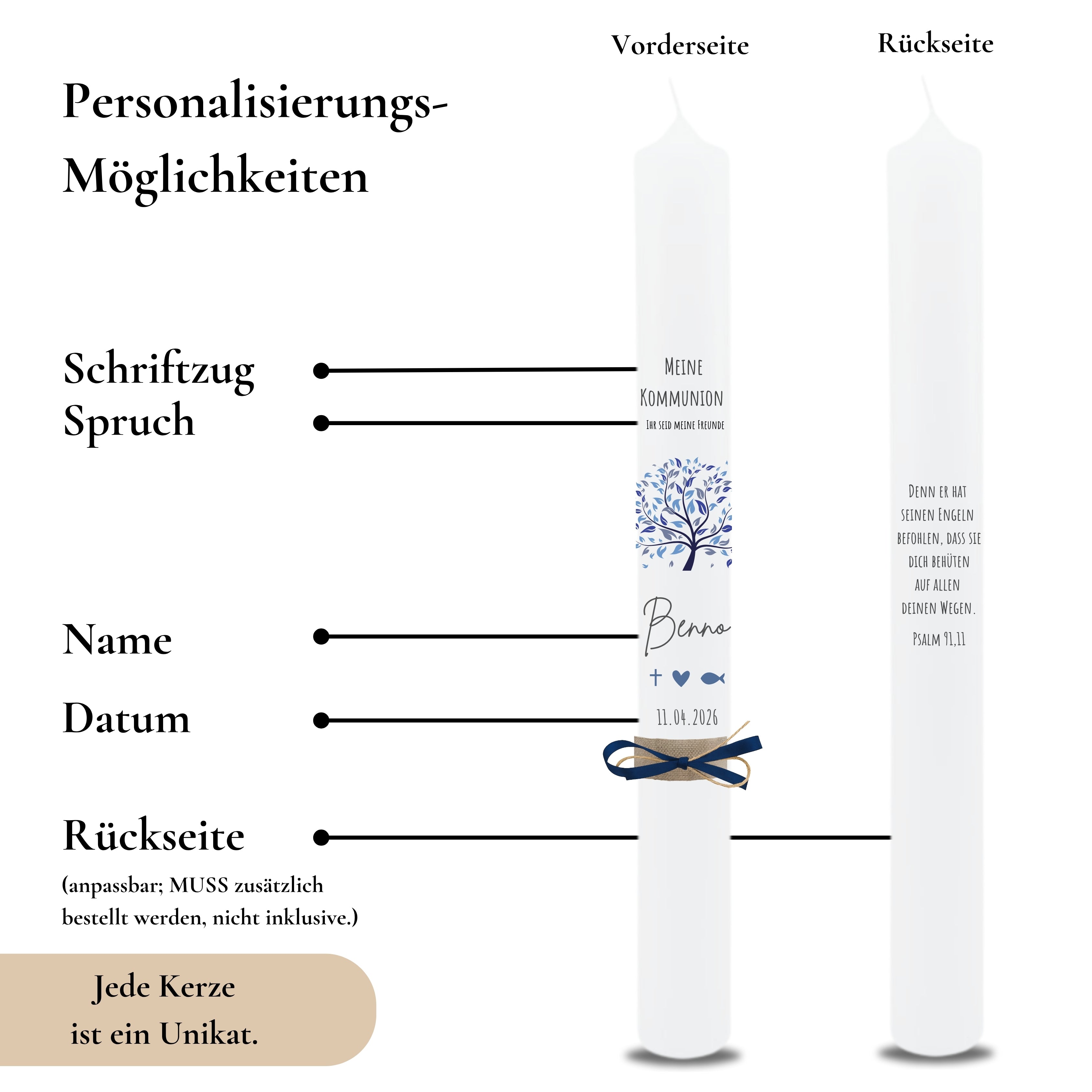 Kommunionkerze Lebensbaum Symbole blau – Ansicht 3