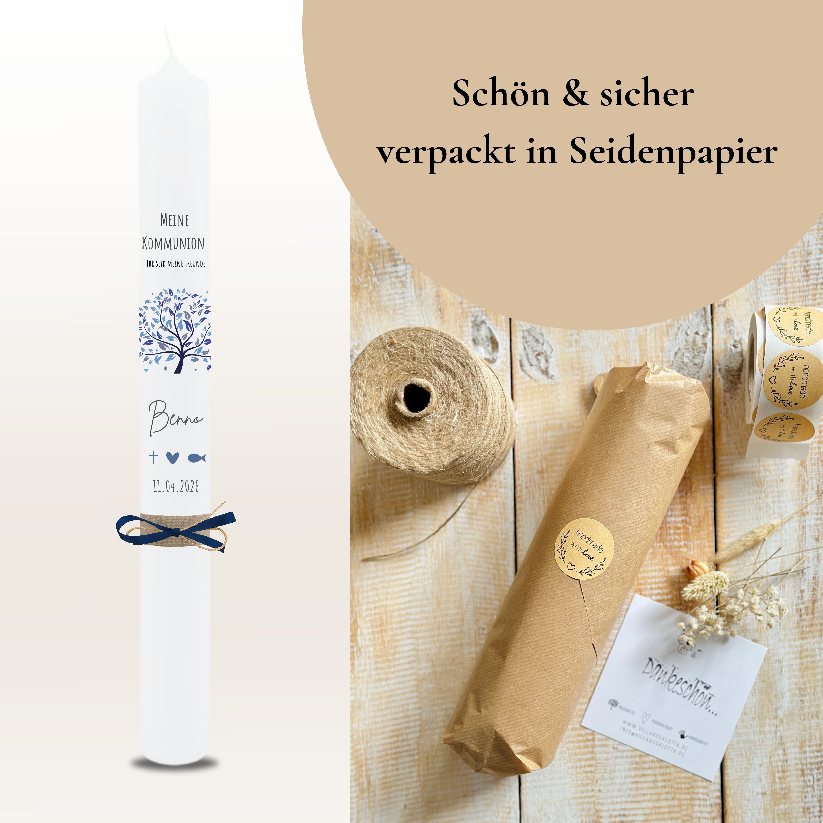Kommunionkerze Lebensbaum Symbole blau – Ansicht 7