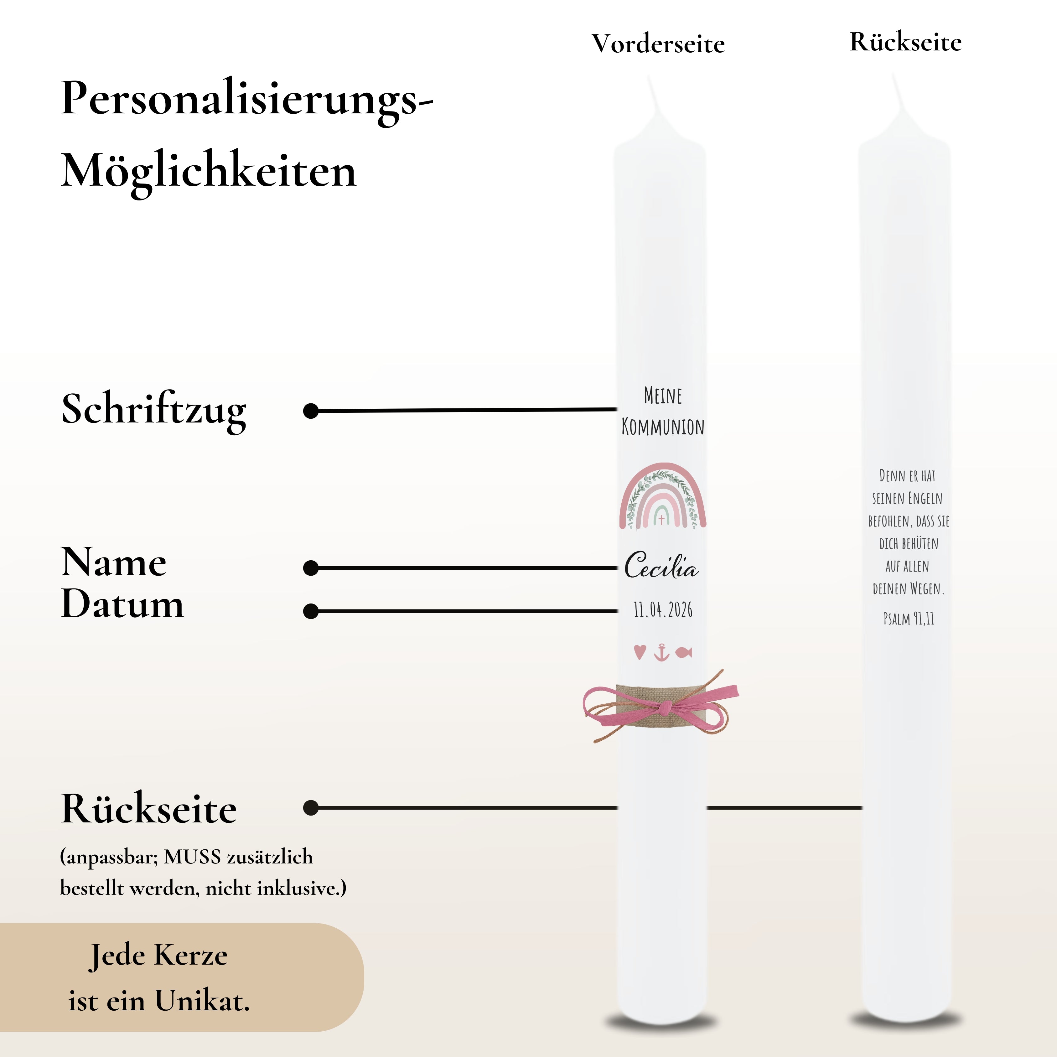 Kommunionkerze Eukalyptus Regenbogen altrosa – Ansicht 3