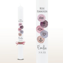 Lade das Bild in den Galerie-Viewer, Kommunionkerze "Emilia" christliche Symbole - personalisiert
