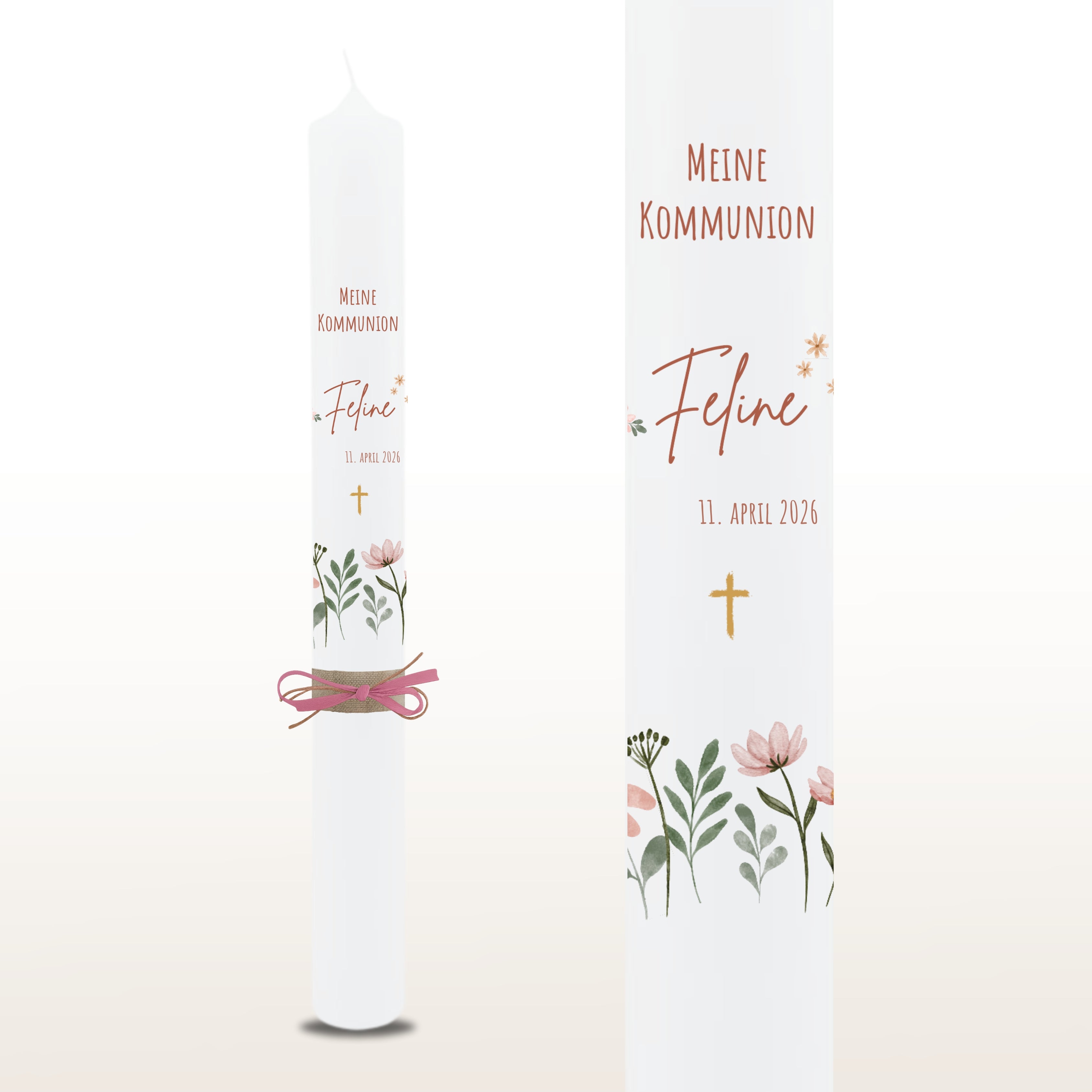 Kommunionkerze Wildblumen rosa, personalisiert