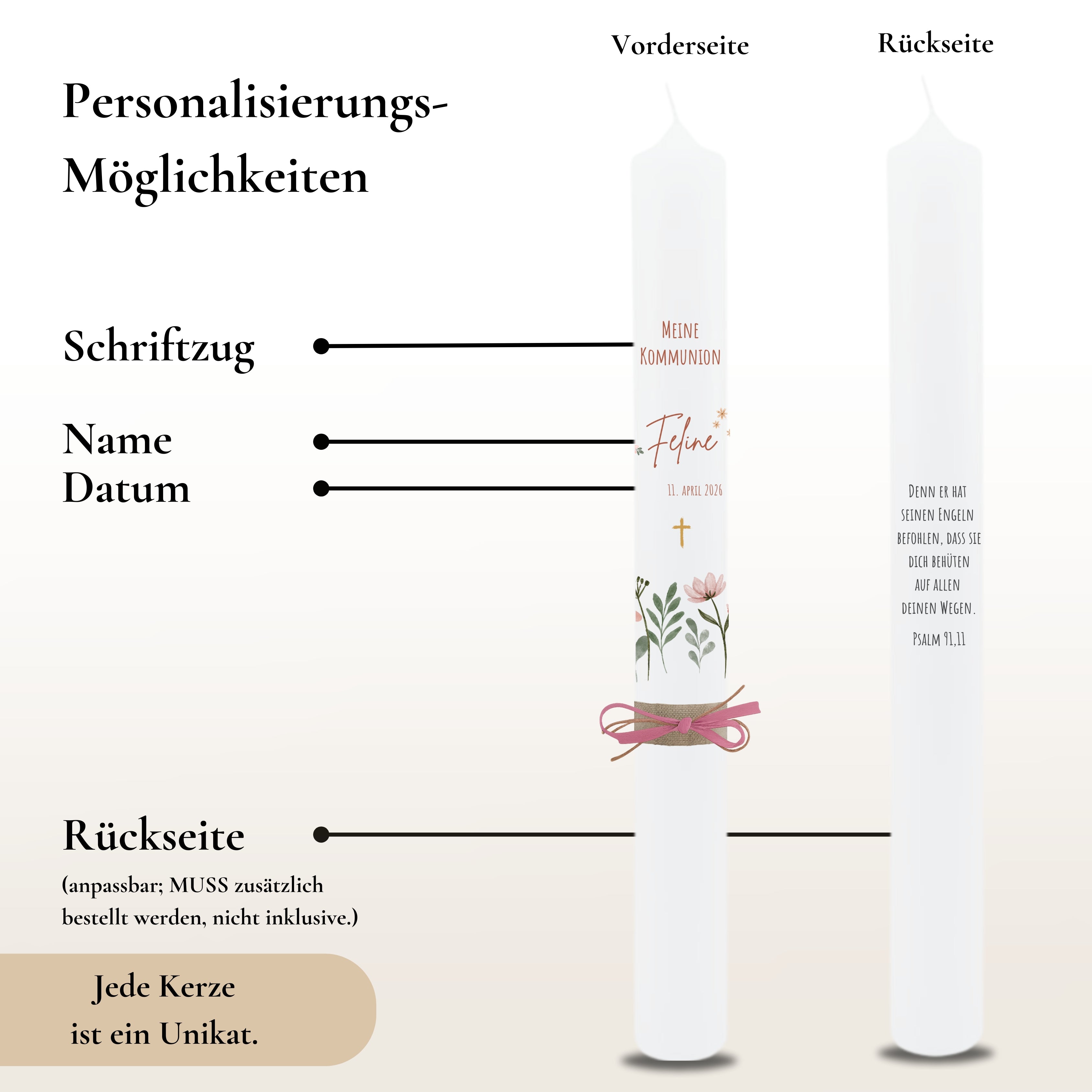 Kommunionkerze Wildblumen rosa – Ansicht 3